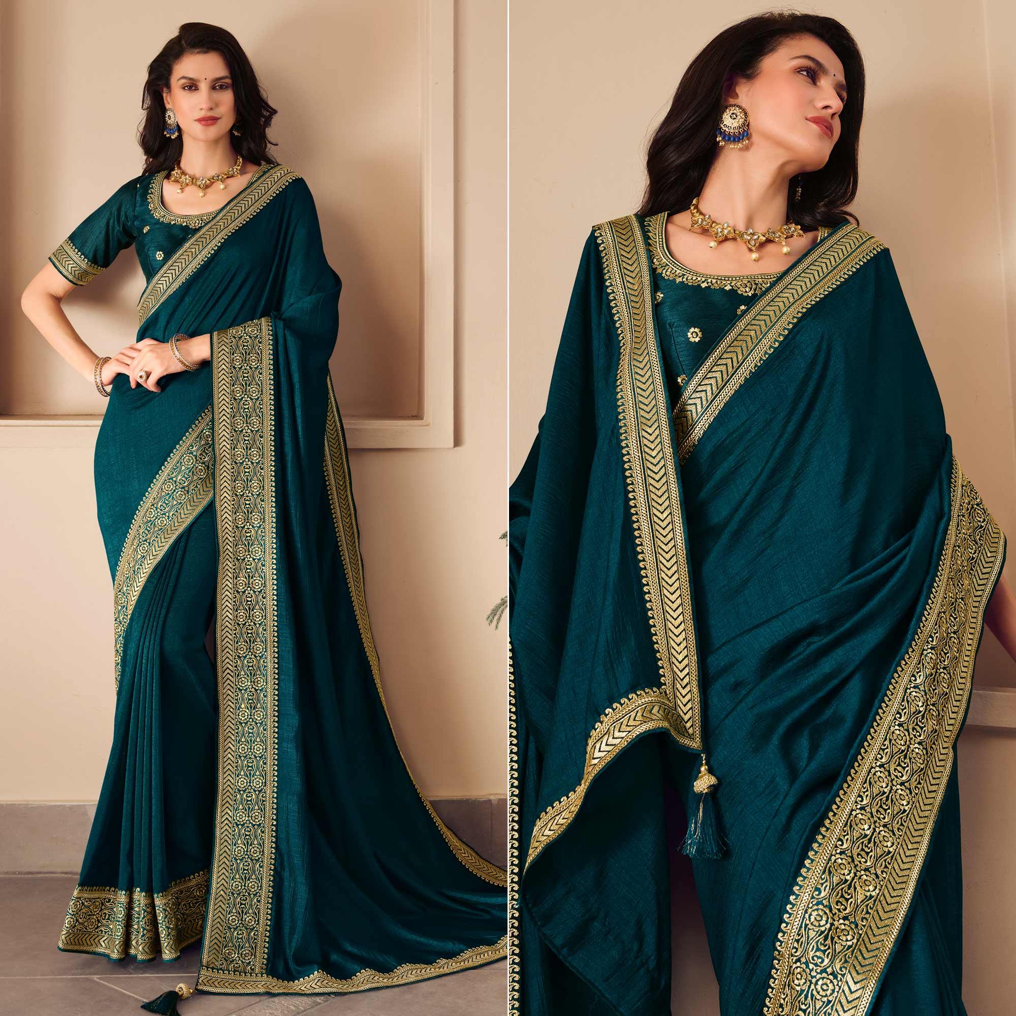 Blue Solid Vichitra Silk Saree With Tassels - Peachmode