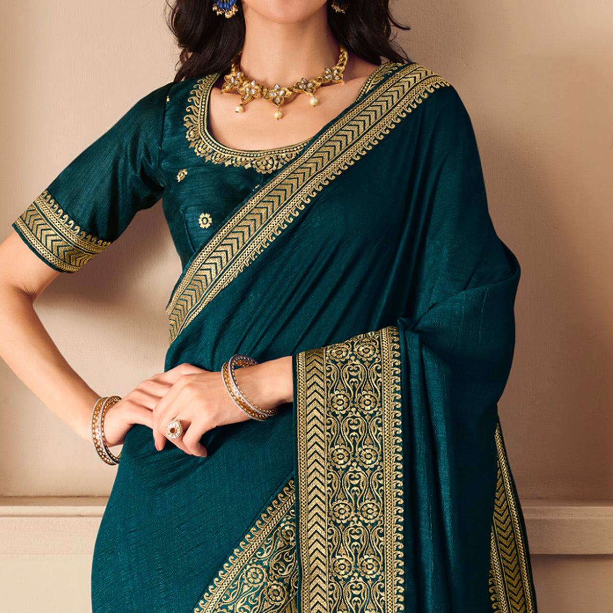 Blue Solid Vichitra Silk Saree With Tassels - Peachmode