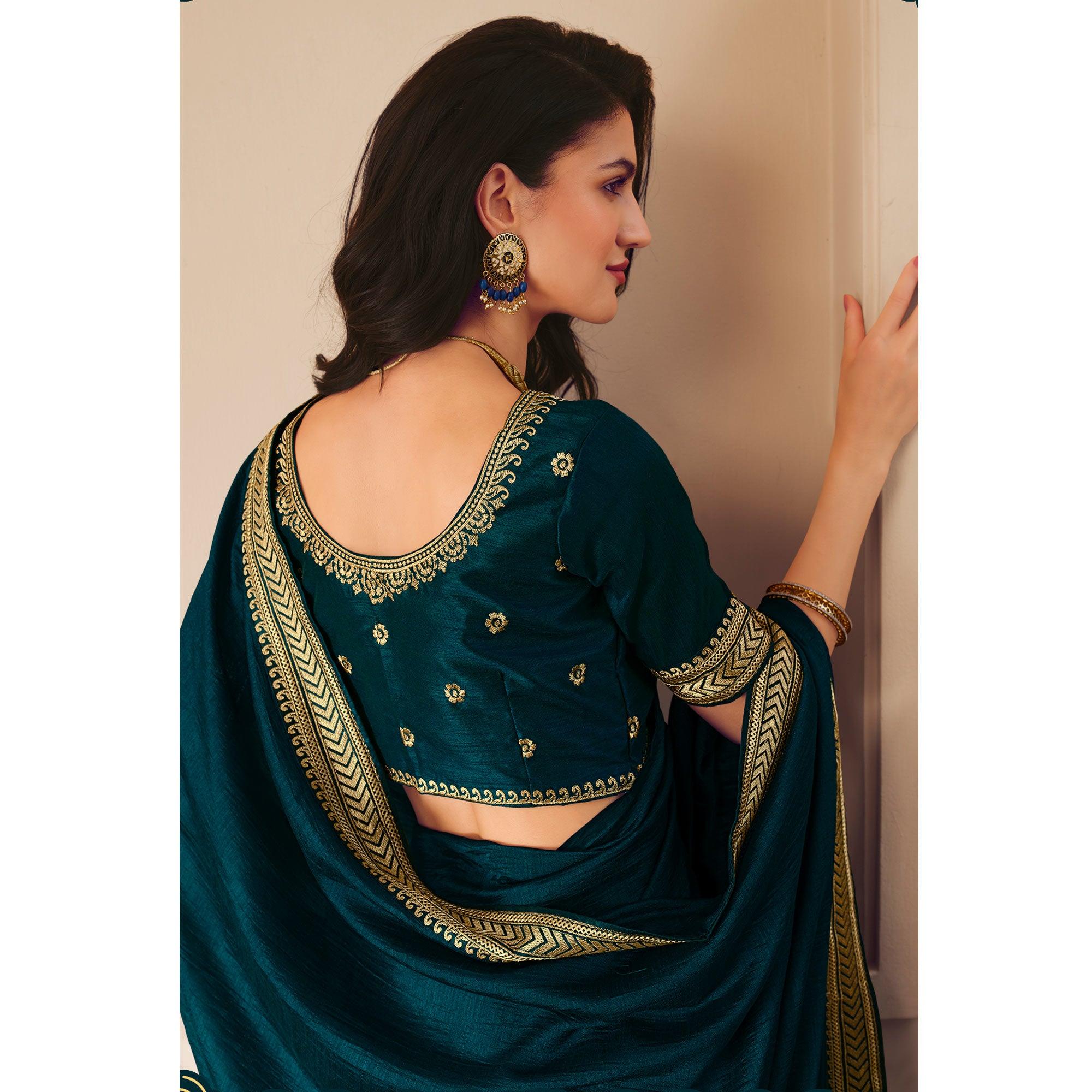 Blue Solid Vichitra Silk Saree With Tassels - Peachmode