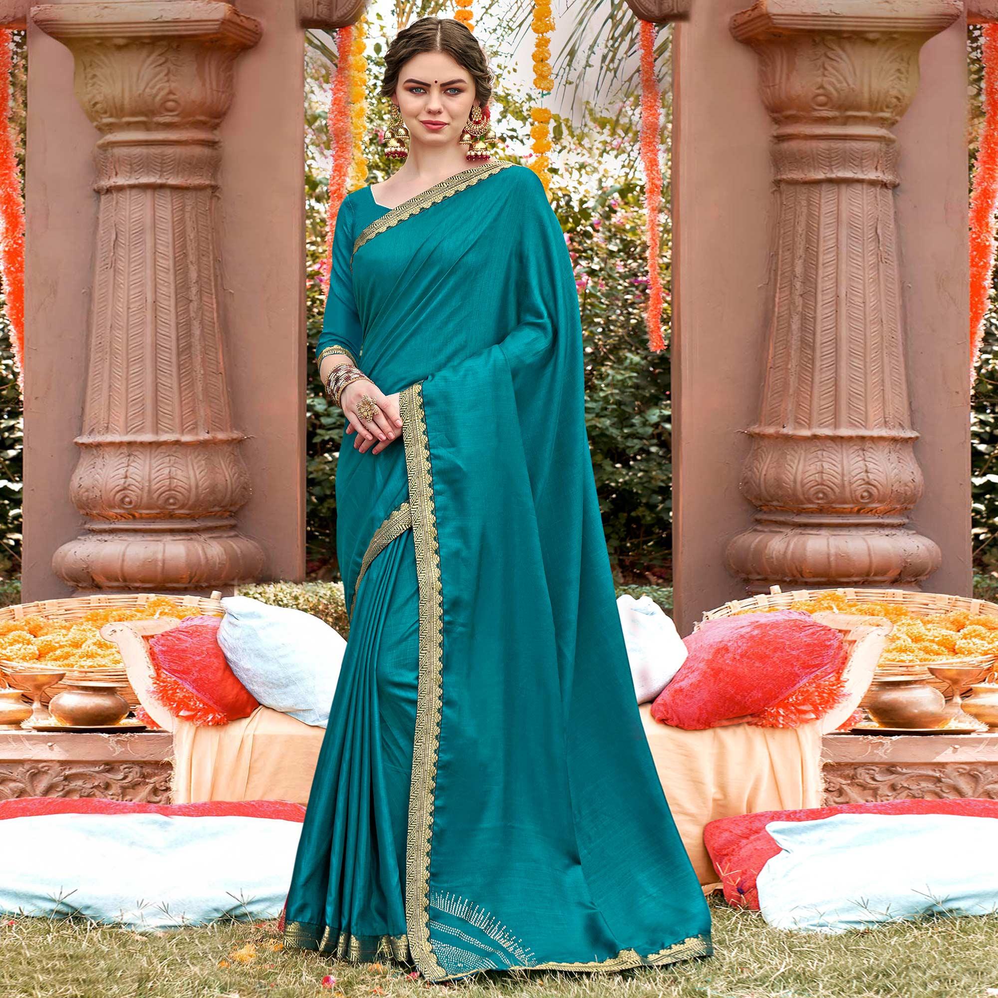 Blue Solid With Fancy Border Vichitra Silk Saree - Peachmode