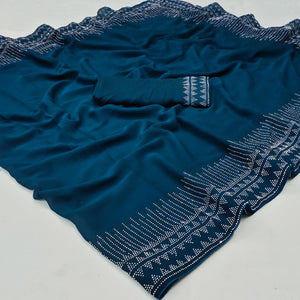 Blue Solid With Sequence Work Chiffon Saree - Peachmode