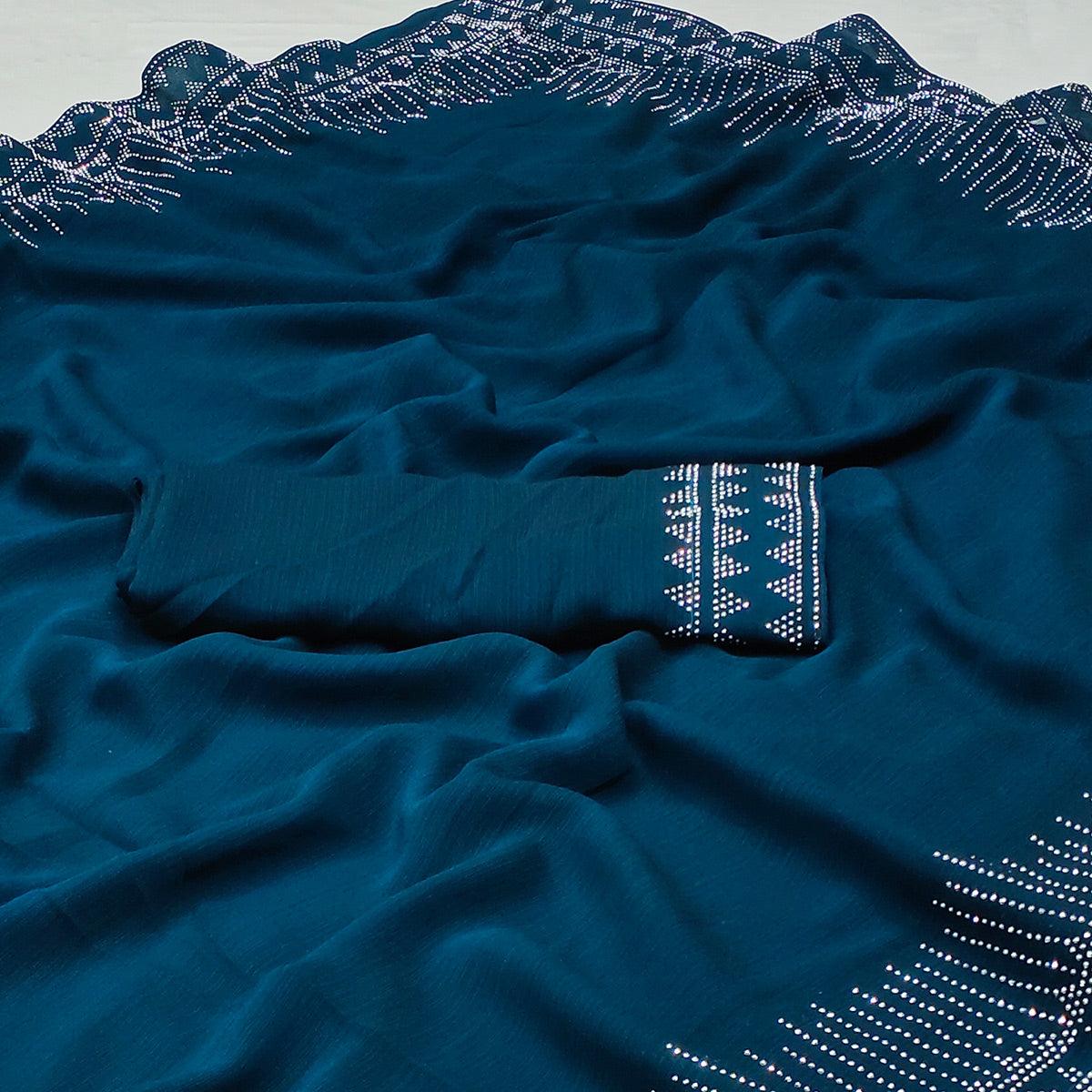 Blue Solid With Sequence Work Chiffon Saree - Peachmode