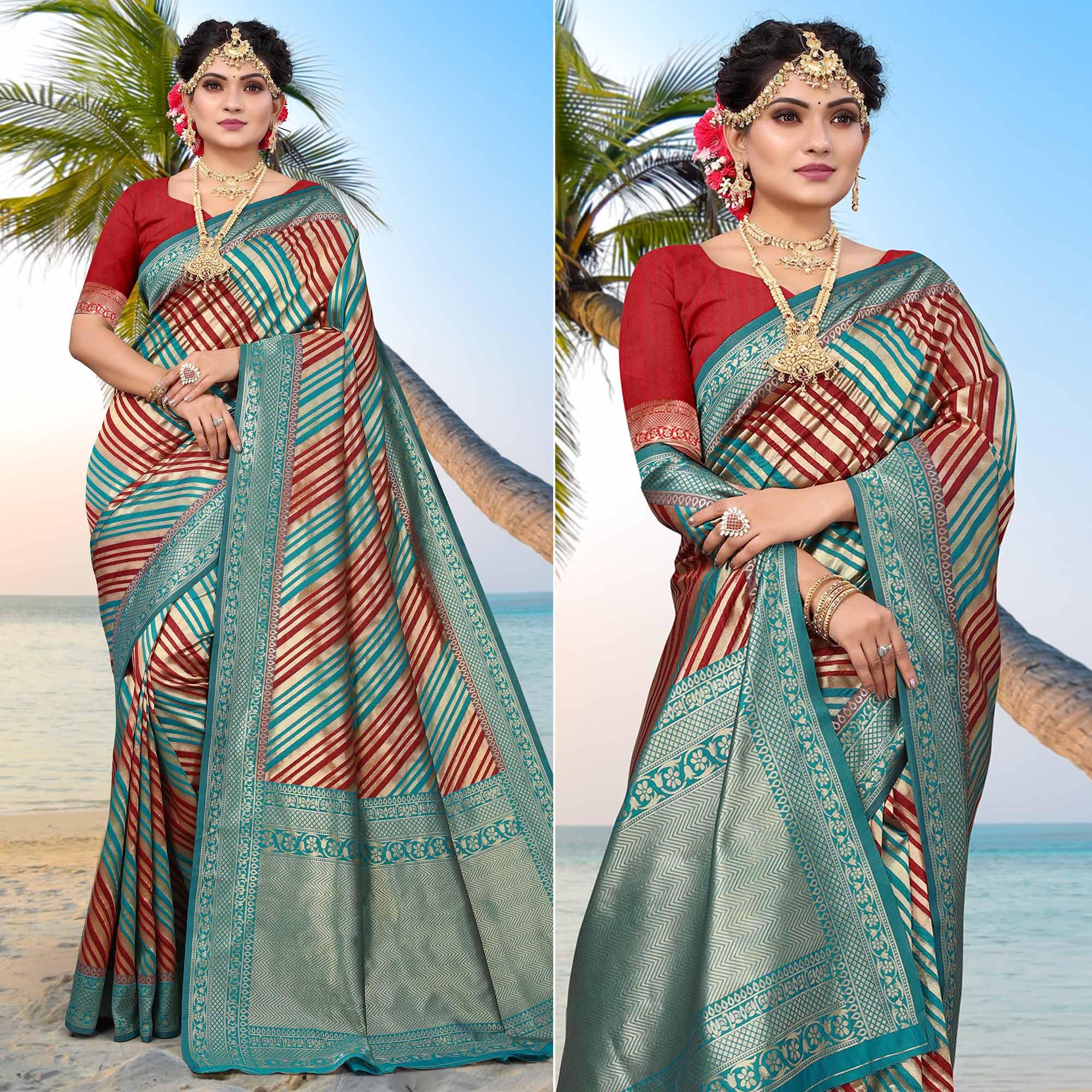 Blue Stripe Printed Pure Silk Saree - Peachmode