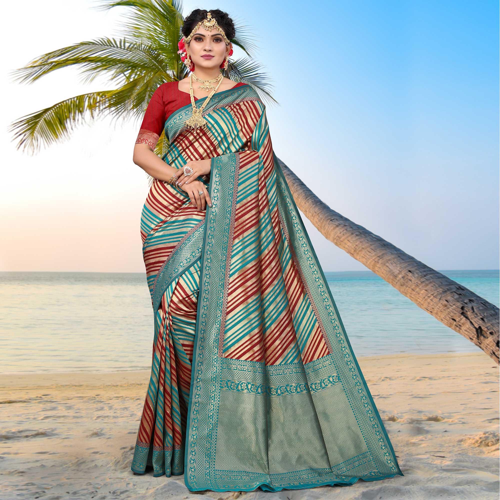 Blue Stripe Printed Pure Silk Saree - Peachmode