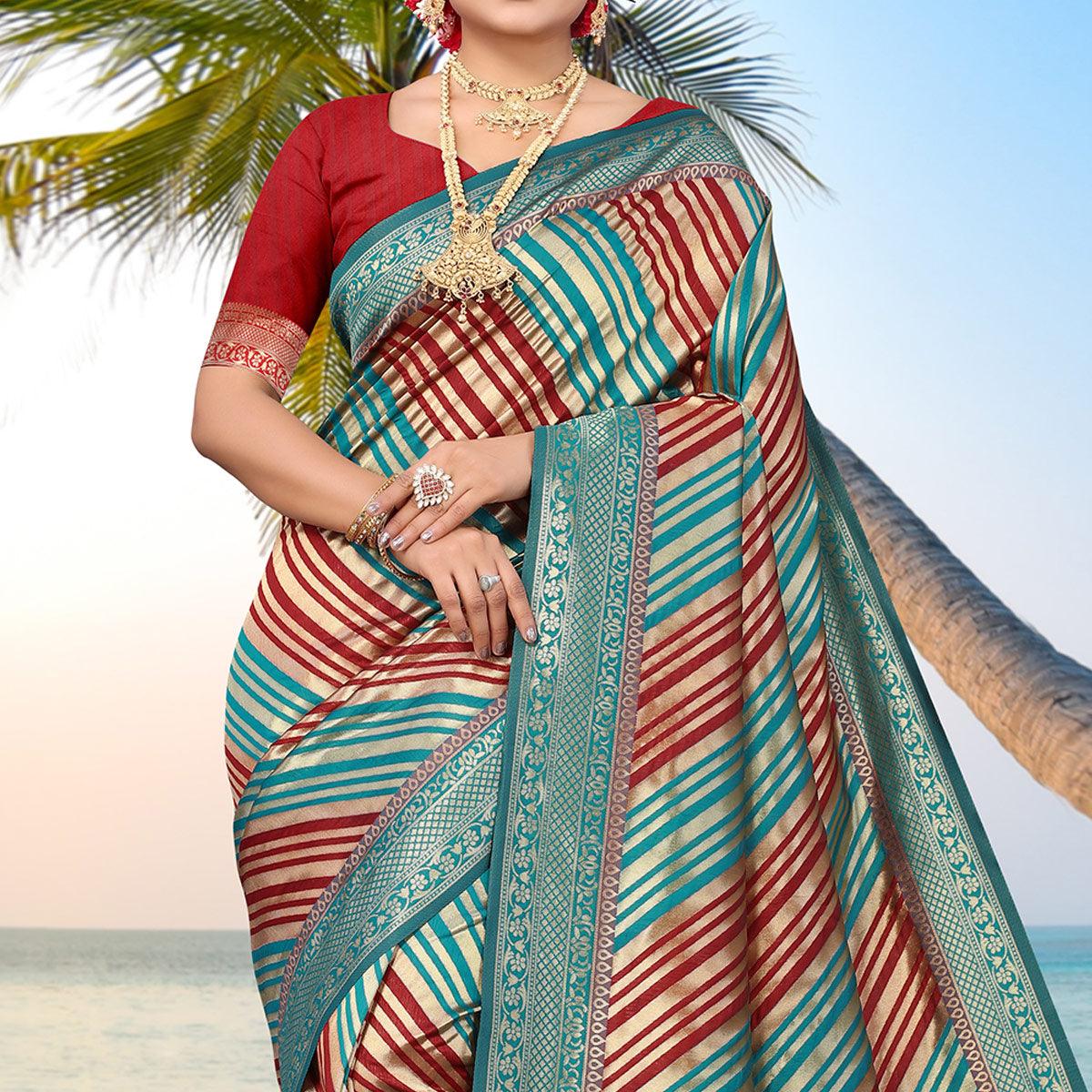 Blue Stripe Printed Pure Silk Saree - Peachmode