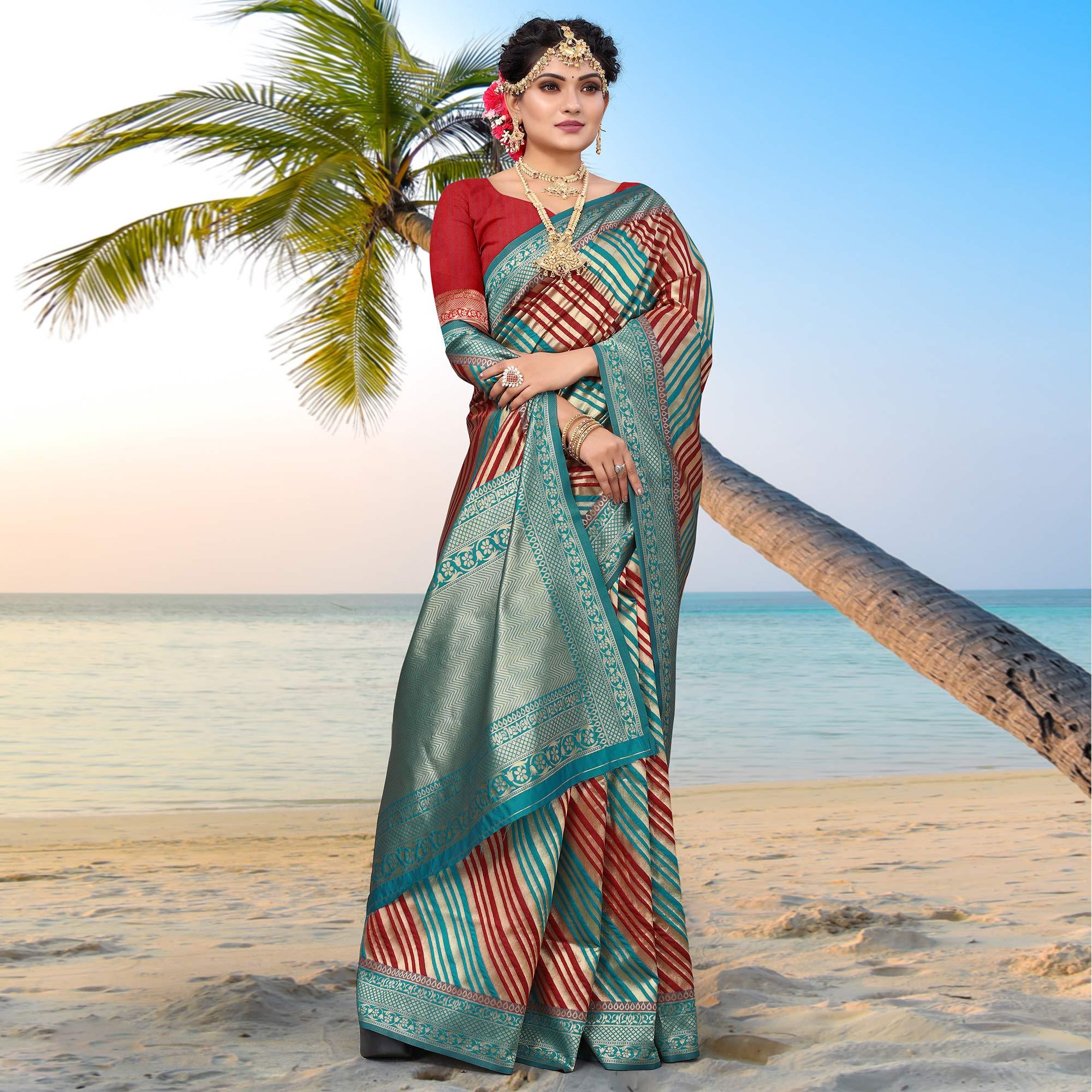 Blue Stripe Printed Pure Silk Saree - Peachmode