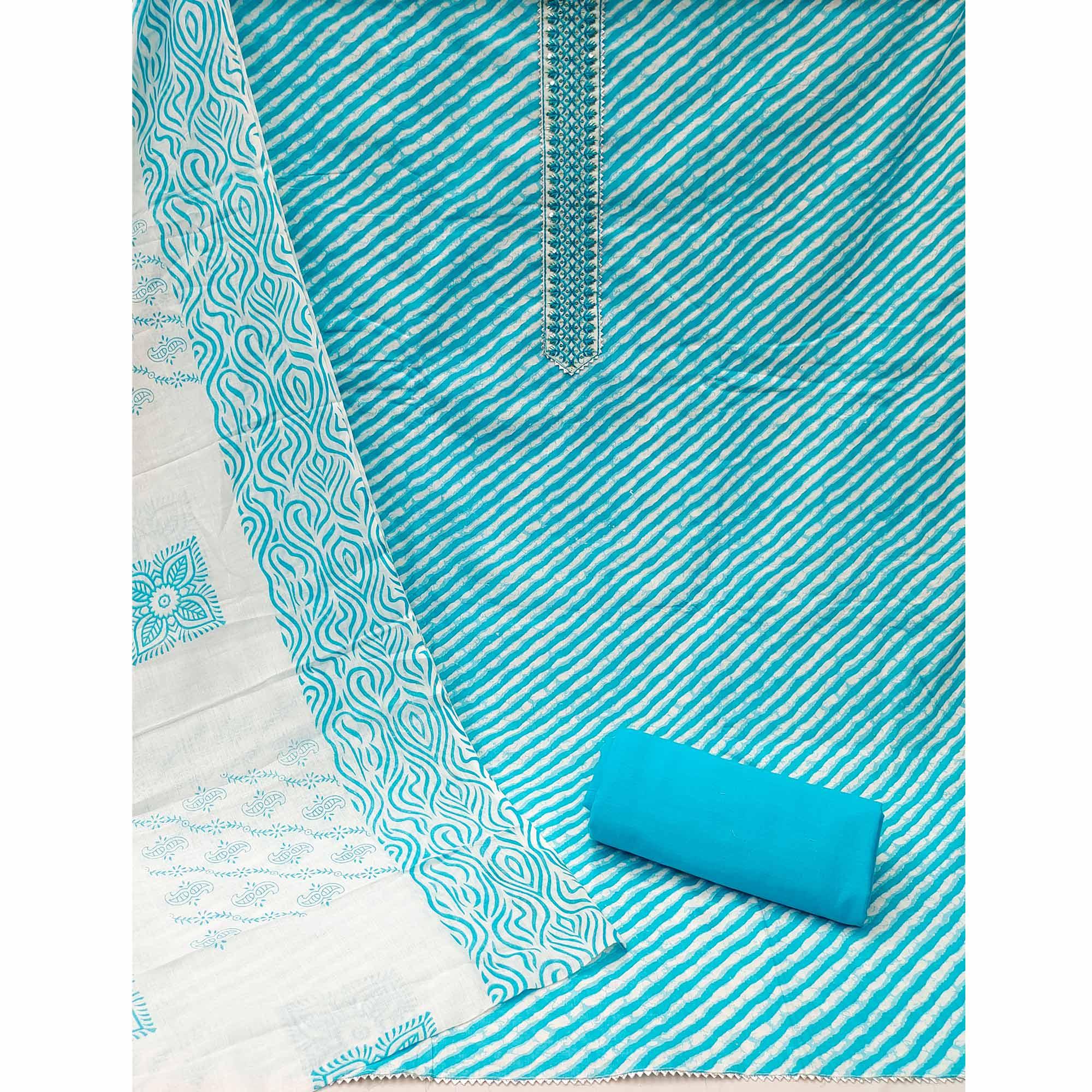 Blue Stripe Printed With Embroidered Poly Cotton Dress Material - Peachmode