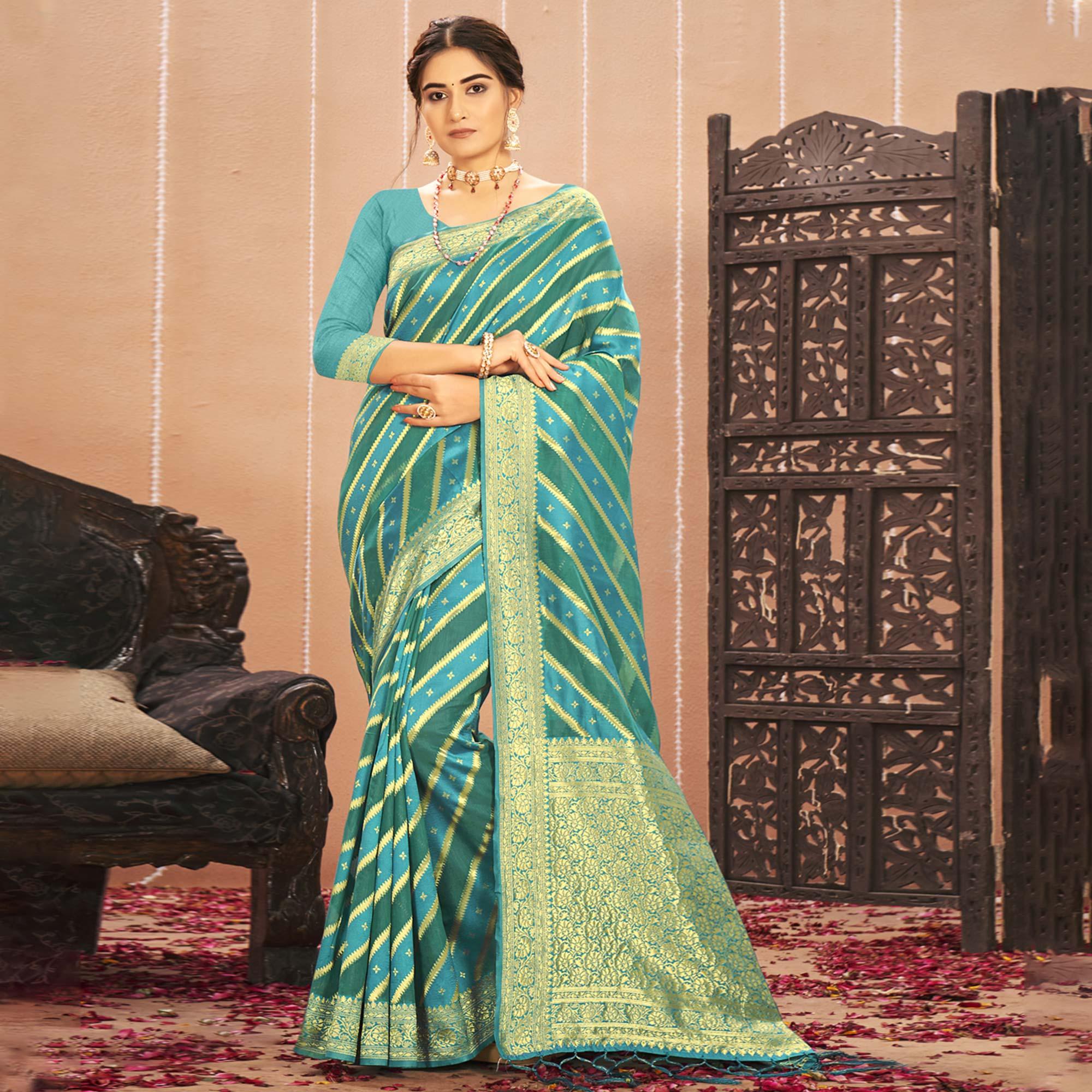 Blue Stripe With Woven Art Silk Saree - Peachmode