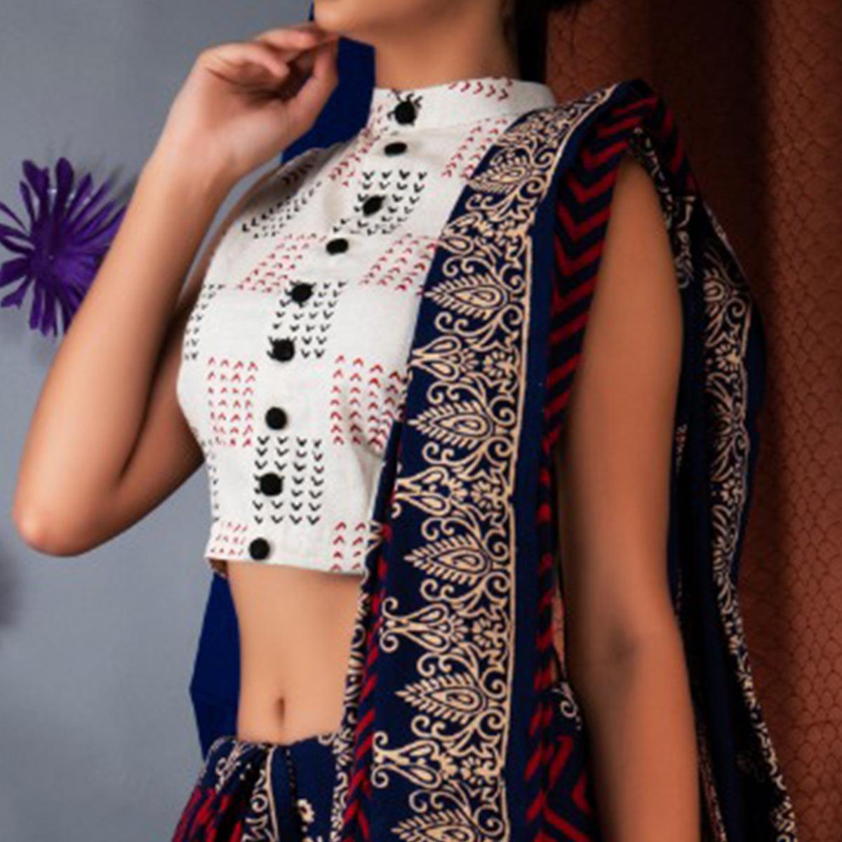 Blue Striped Printed Linen Saree - Peachmode