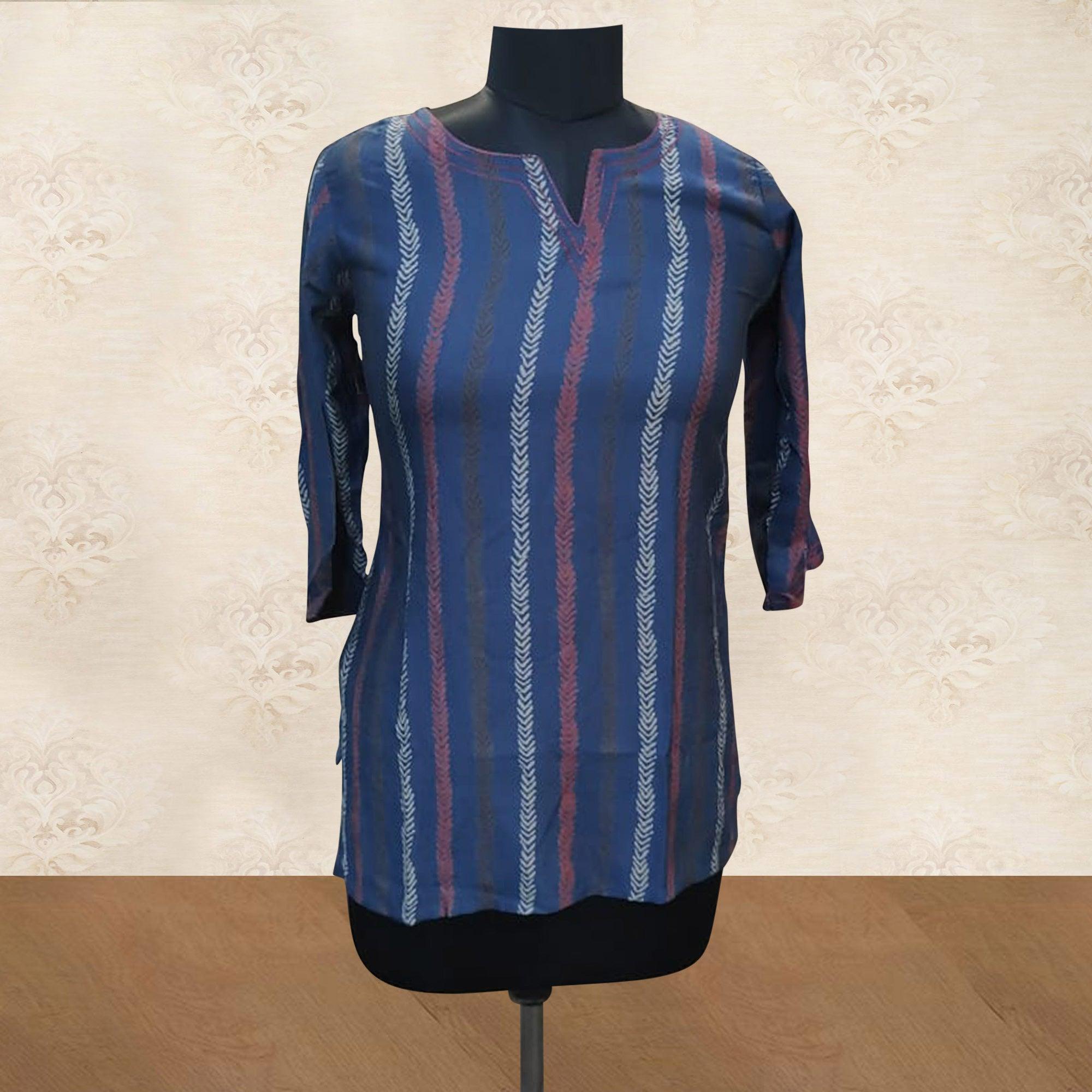 Blue Striped Printed Muslin Top - Peachmode