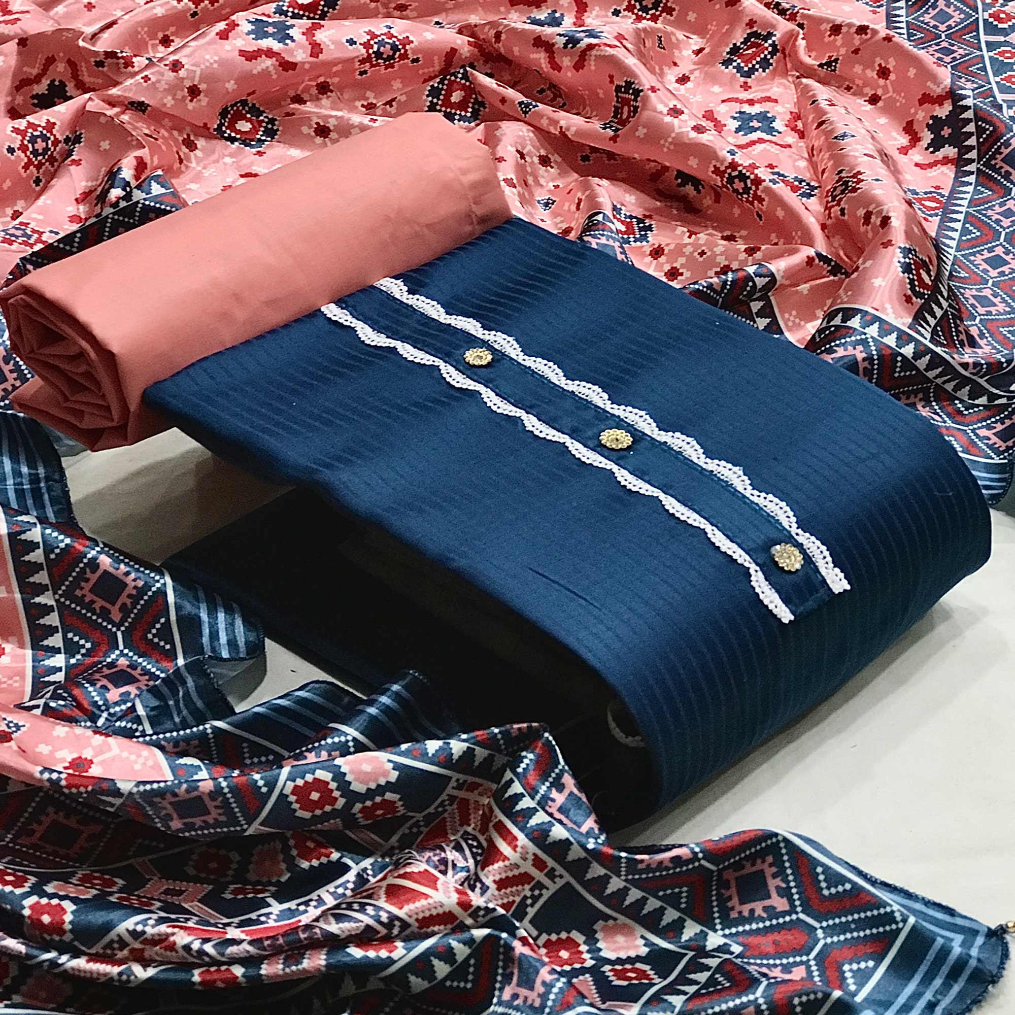 Blue Striped Printed Satin Dress Material - Peachmode