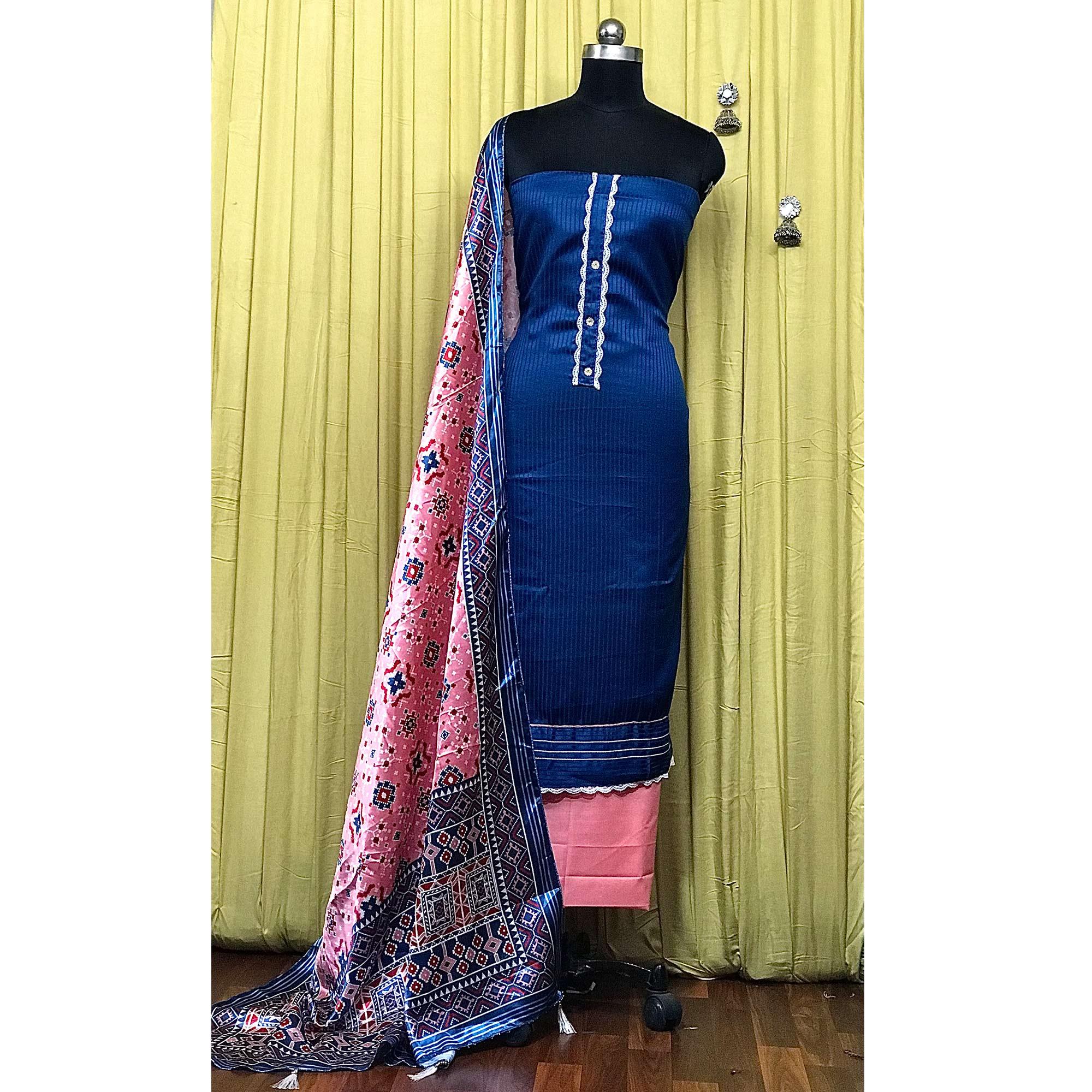 Blue Striped Printed Satin Dress Material - Peachmode