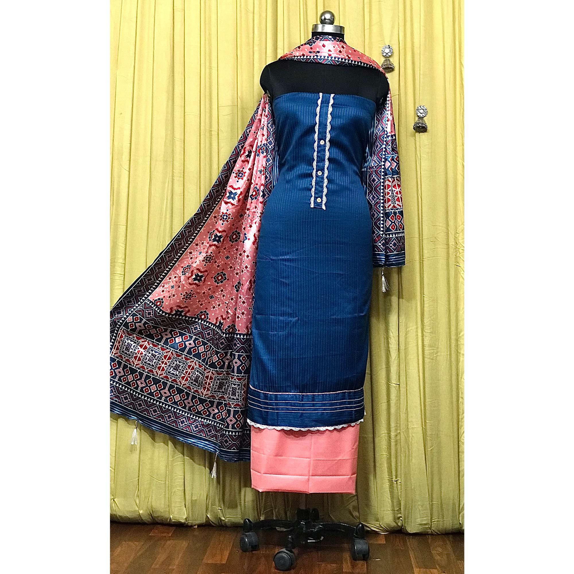 Blue Striped Printed Satin Dress Material - Peachmode