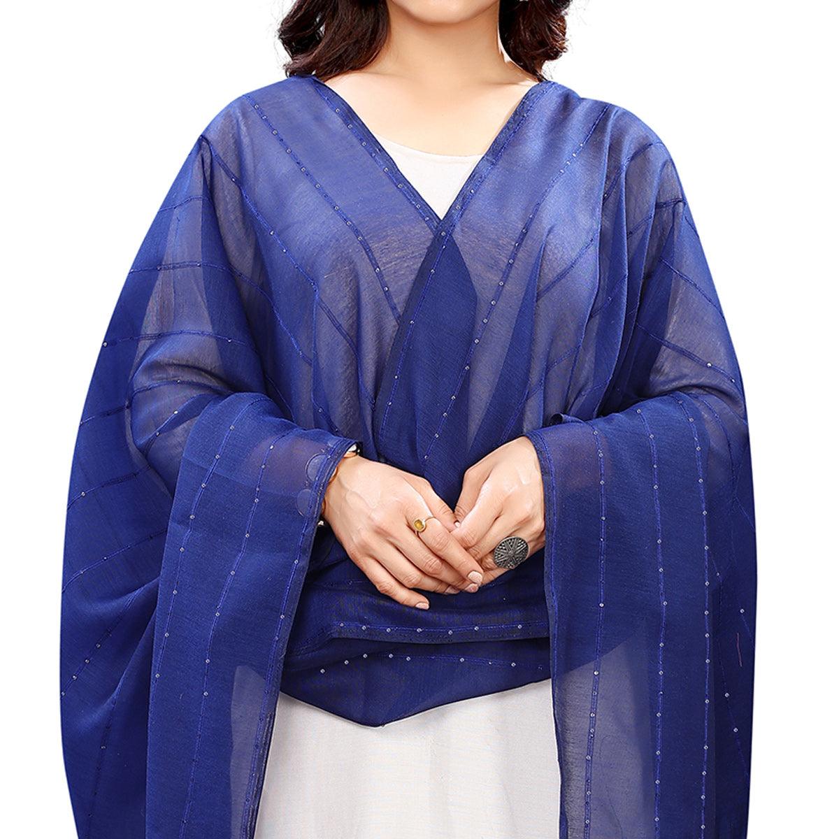 Blue Stripes Woven Sequence Festive Wear Cotton Silk Dupatta - Peachmode