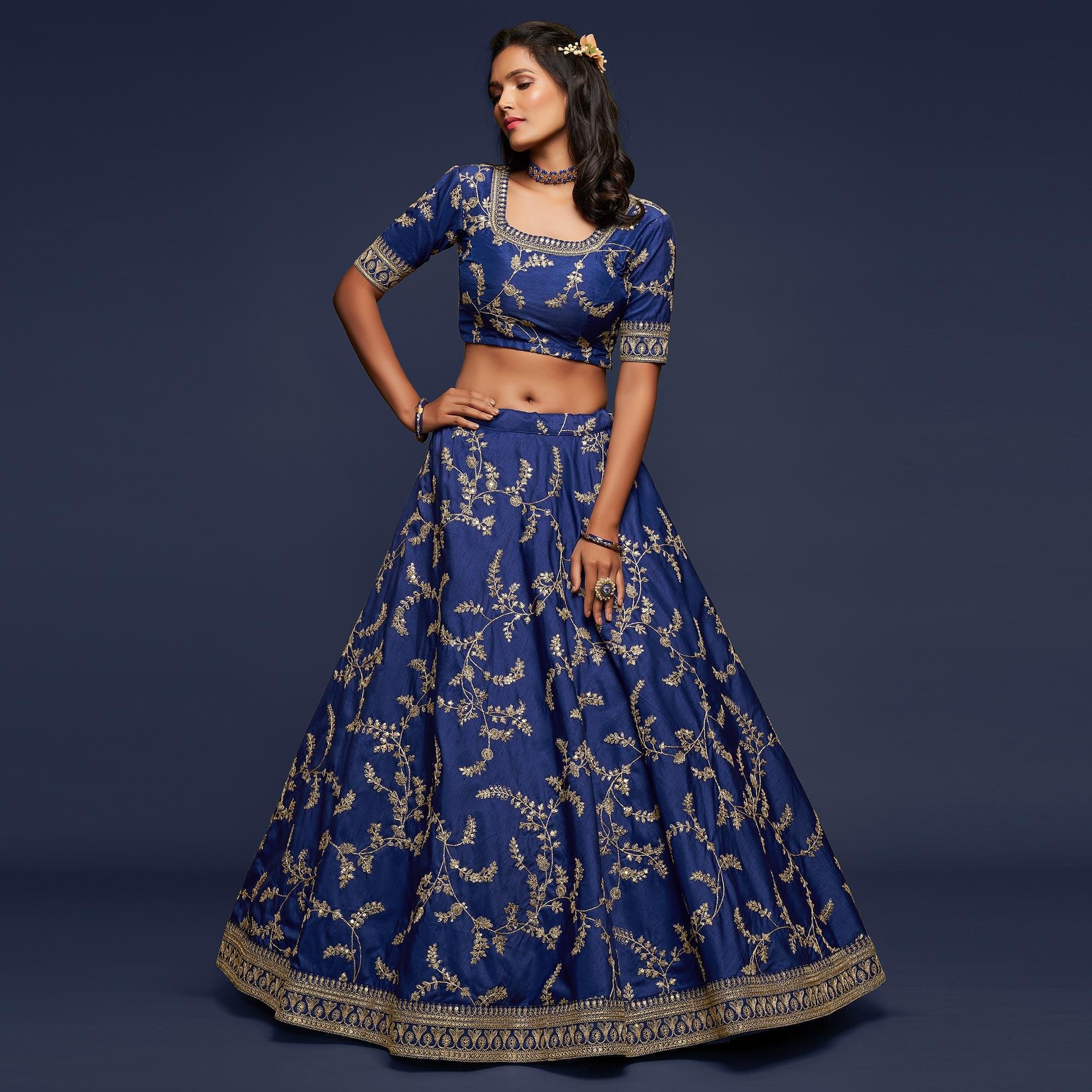 Blue Wedding Floral Sequins Embroidered Art Silk Lehenga Choli - Peachmode