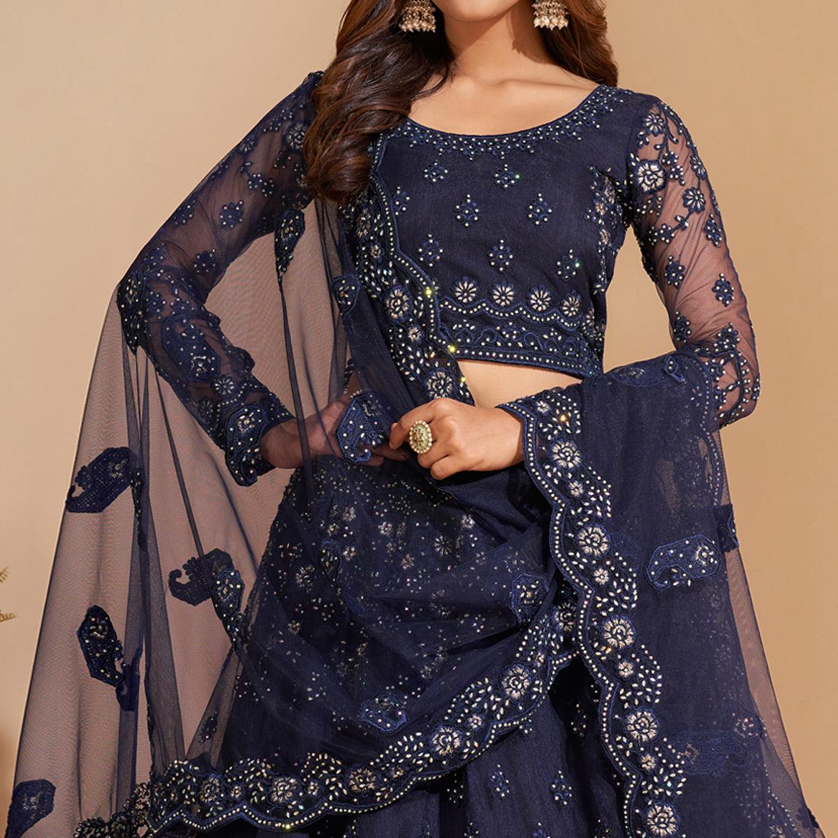 Blue Wedding Wear Embroidered With Embellished Net Lehenga Choli - Peachmode