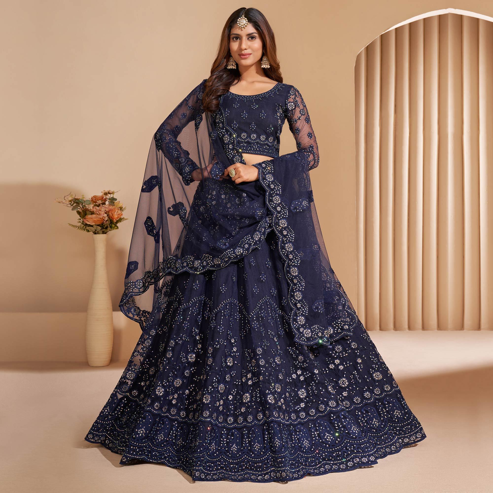 Blue Wedding Wear Embroidered With Embellished Net Lehenga Choli - Peachmode