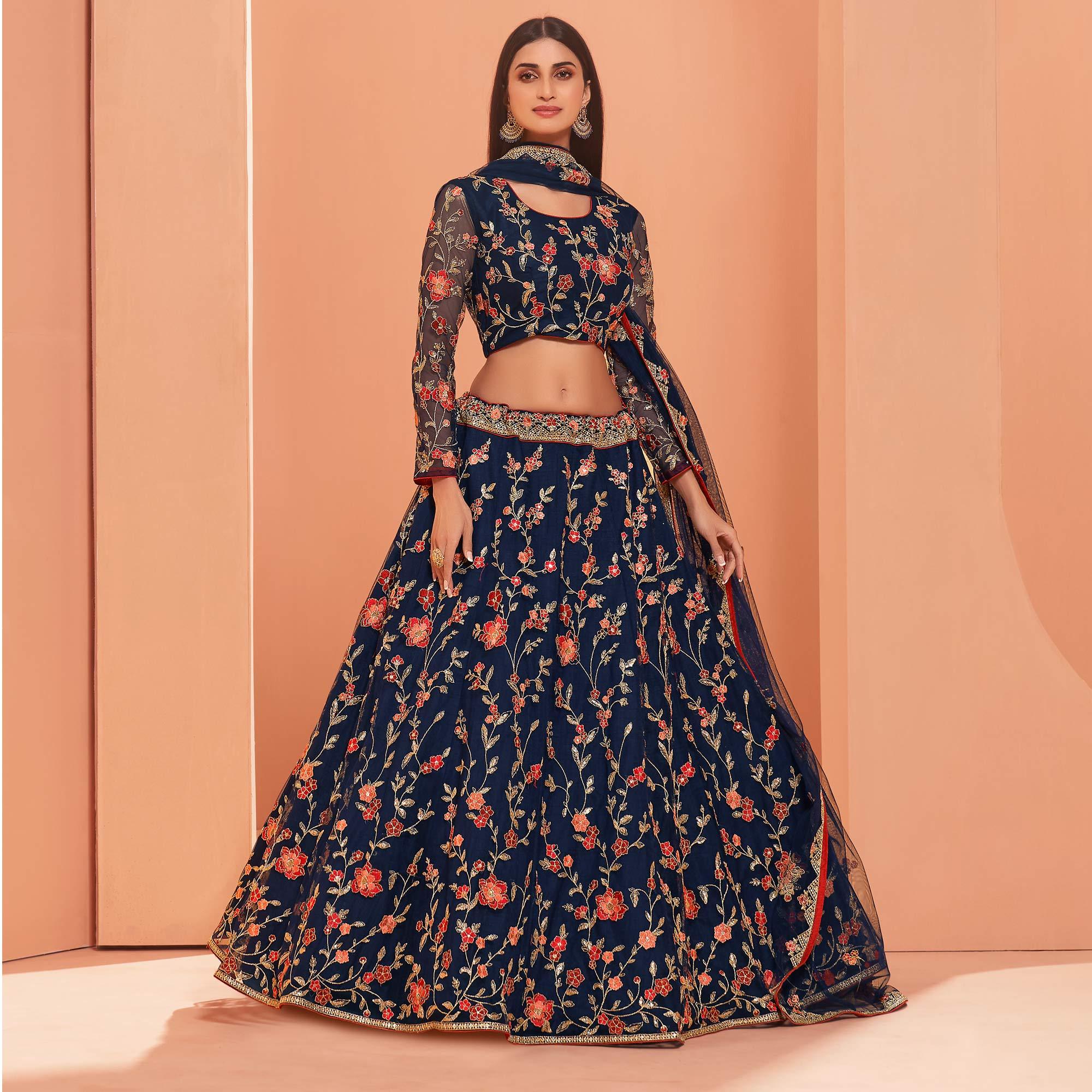 Blue Wedding Wear Floral Zari & Sequence Embroiederd Banglori Silk Lehenga Choli - Peachmode