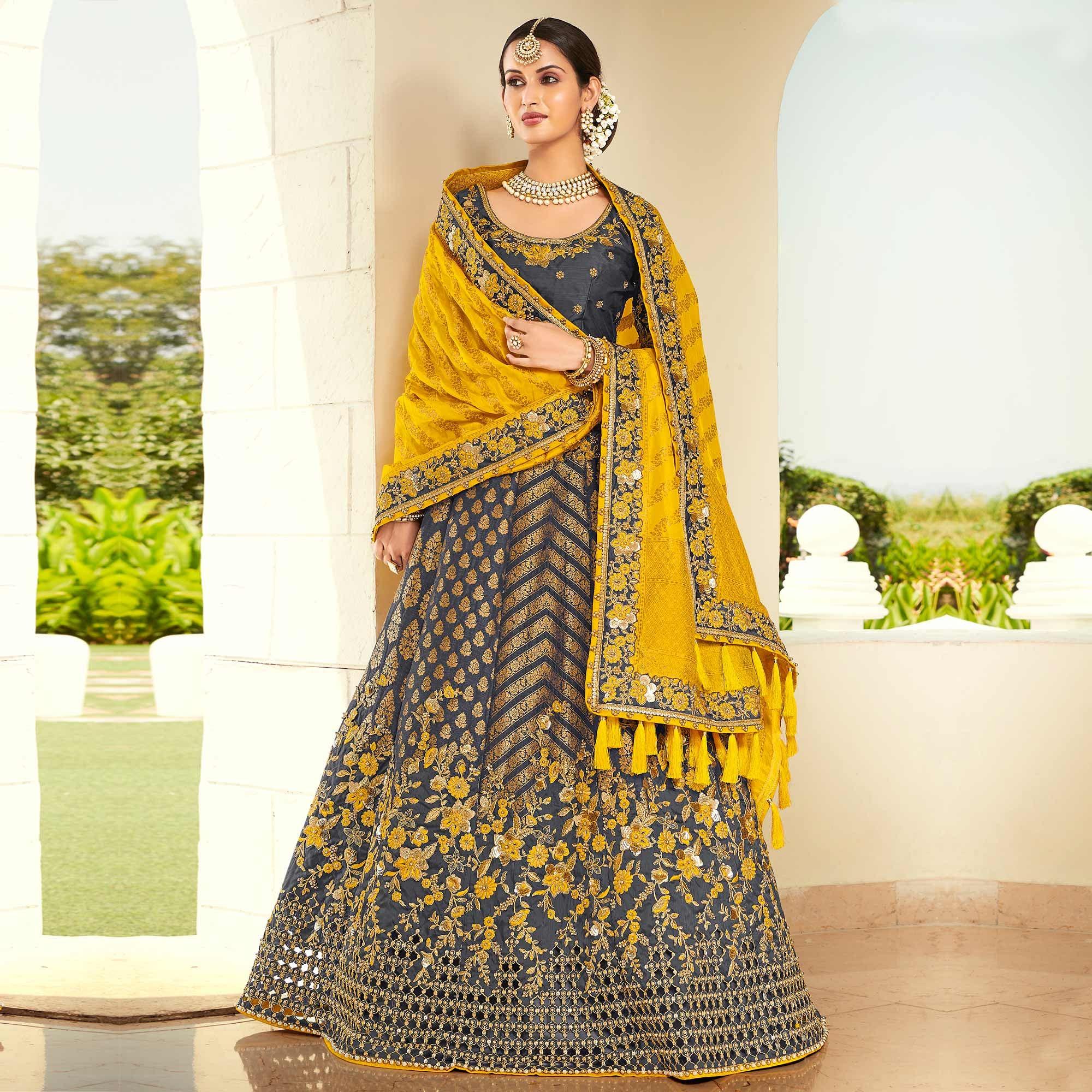 Blue Wedding Wear Heavy Embroidered Banarasi Silk Lehenga Choli - Peachmode
