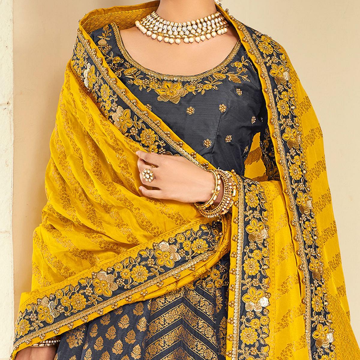 Blue Wedding Wear Heavy Embroidered Banarasi Silk Lehenga Choli - Peachmode