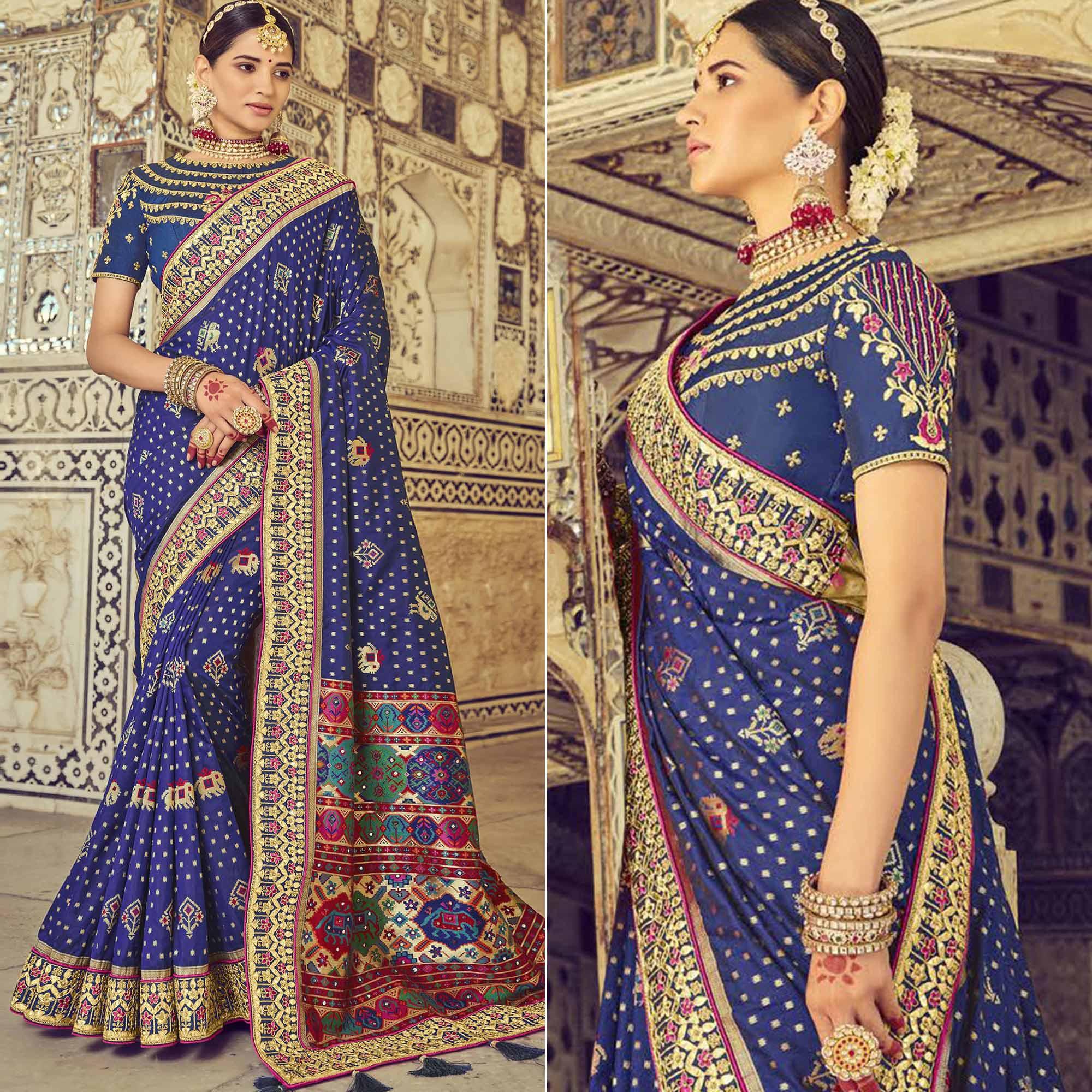 Blue Wedding Wear Resham With Embellished Silk Patola Saree - Peachmode