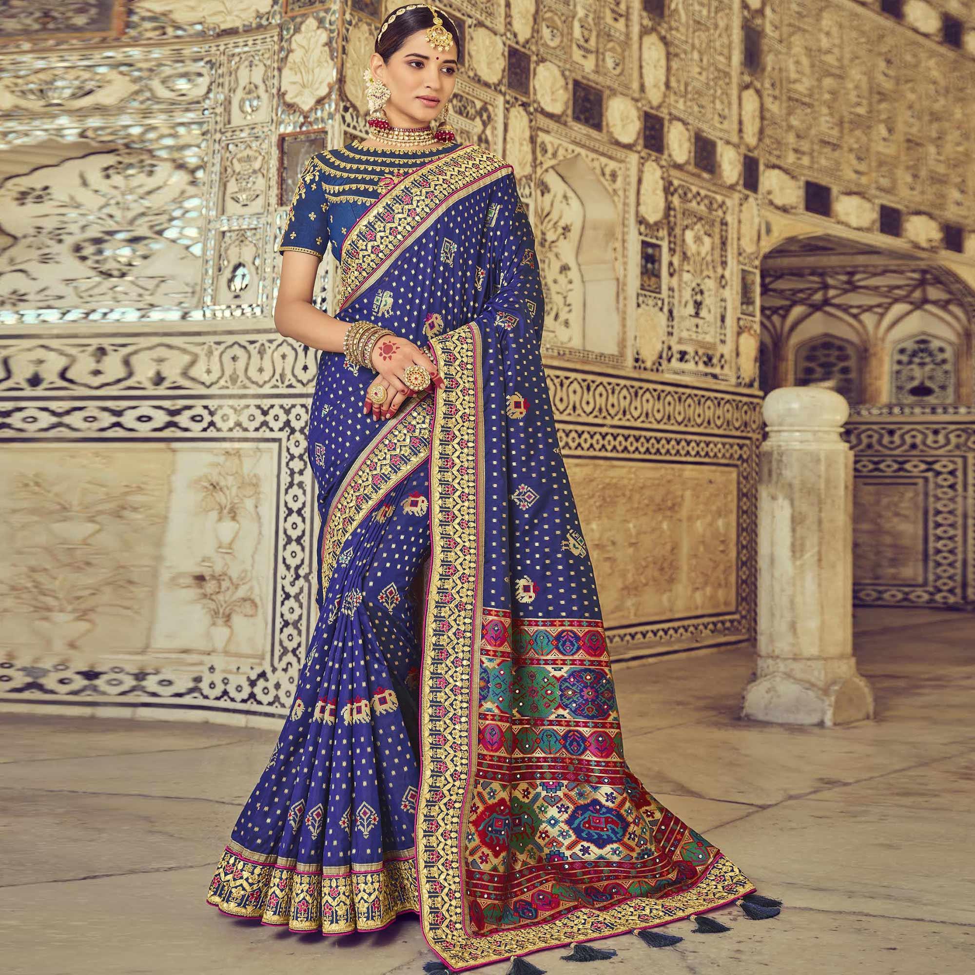 Blue Wedding Wear Resham With Embellished Silk Patola Saree - Peachmode