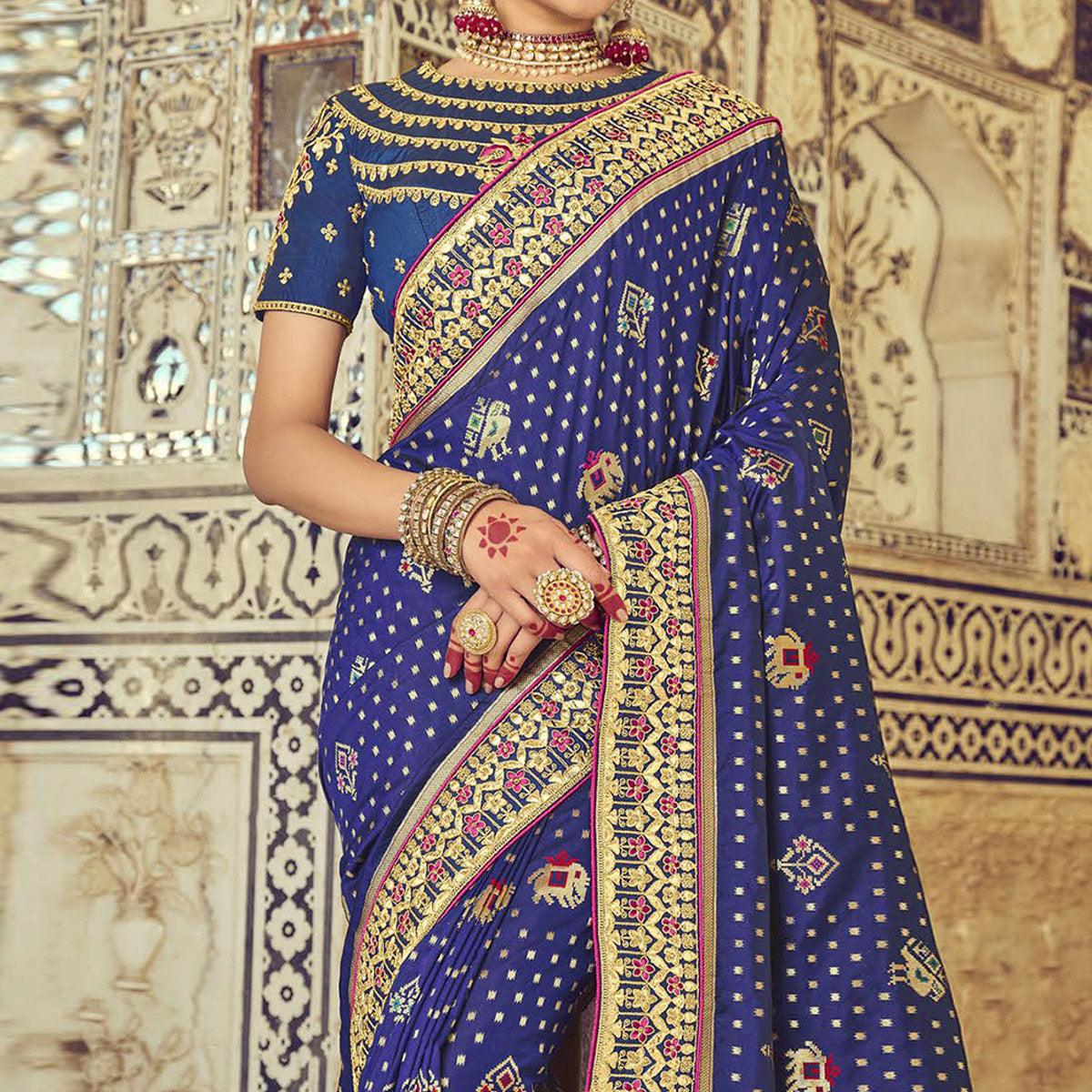 Blue Wedding Wear Resham With Embellished Silk Patola Saree - Peachmode