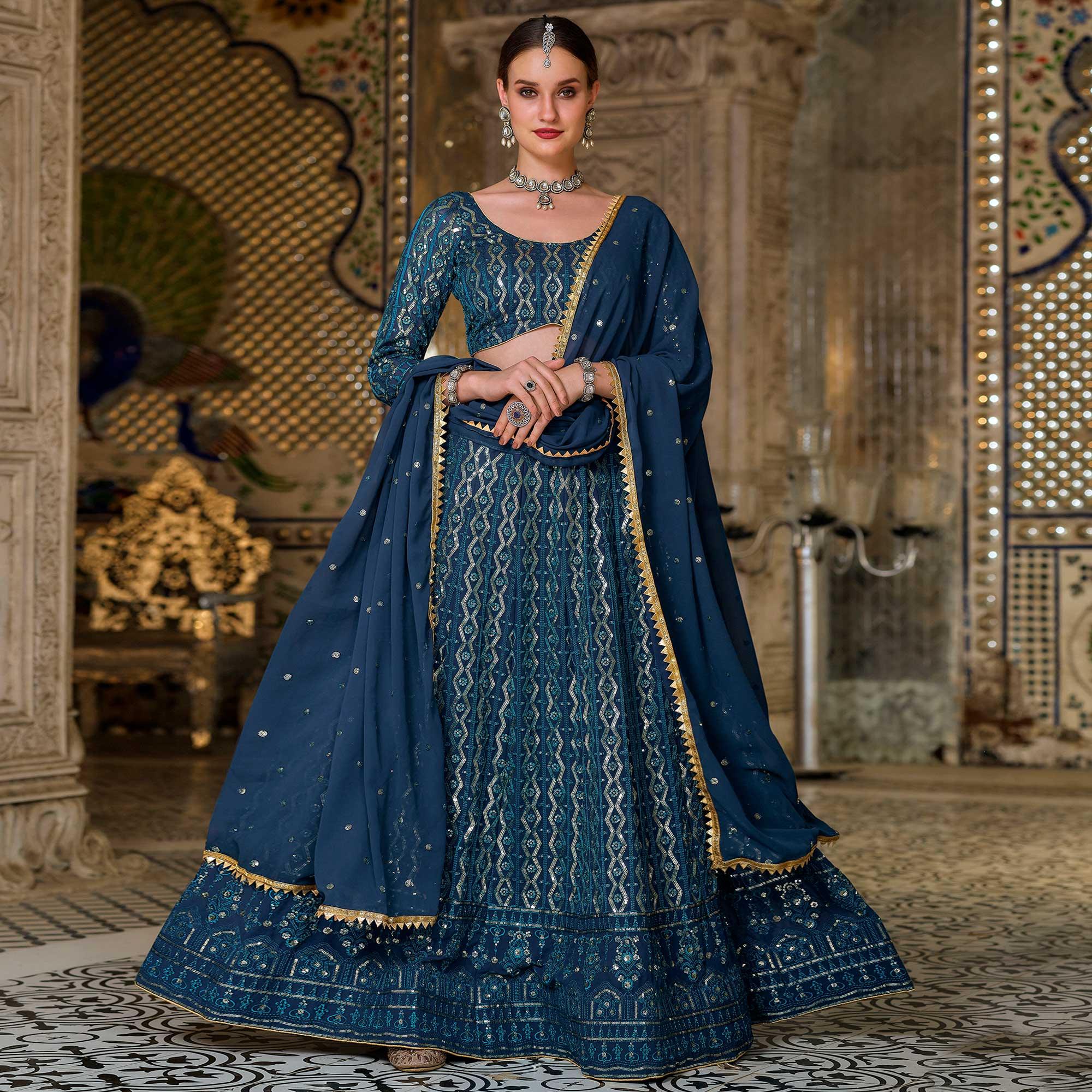Blue Wedding Wear Sequence Embroidered Georgette Lehenga Choli - Peachmode