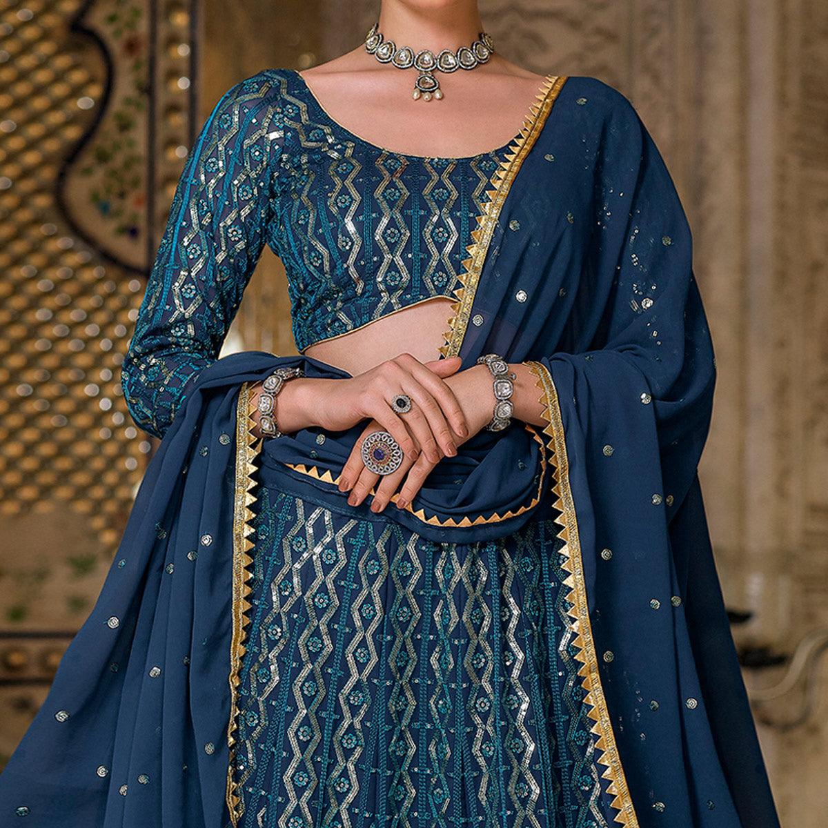 Blue Wedding Wear Sequence Embroidered Georgette Lehenga Choli - Peachmode