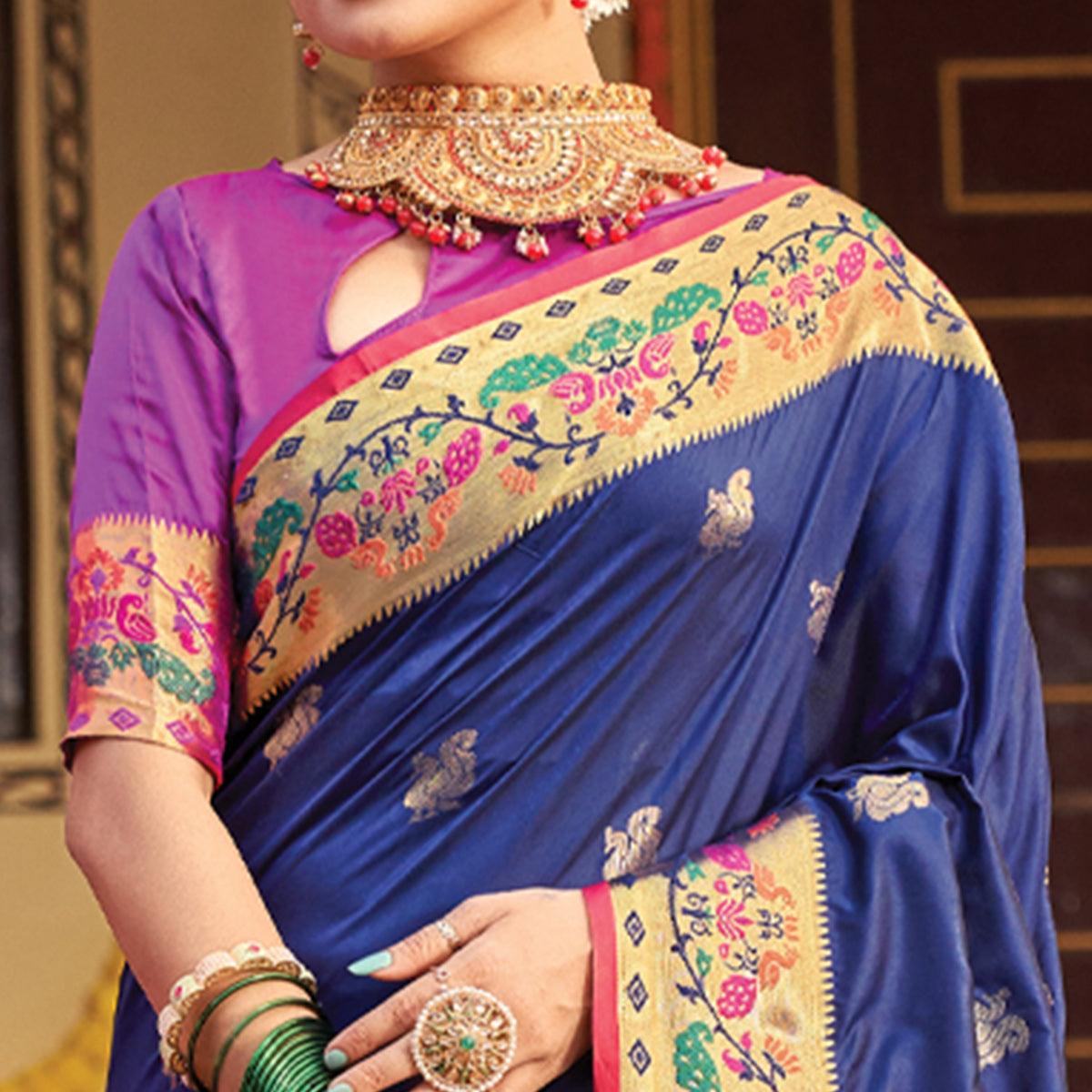 Blue Woven Art Silk Paithani Saree With Tassels - Peachmode