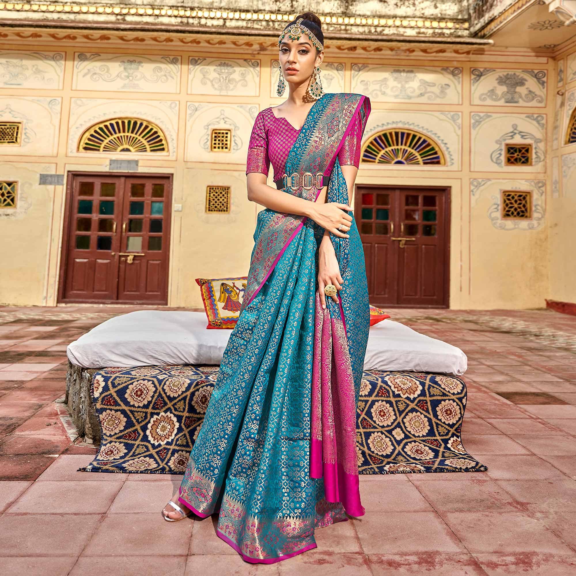 Blue Woven Art Silk Saree - Peachmode