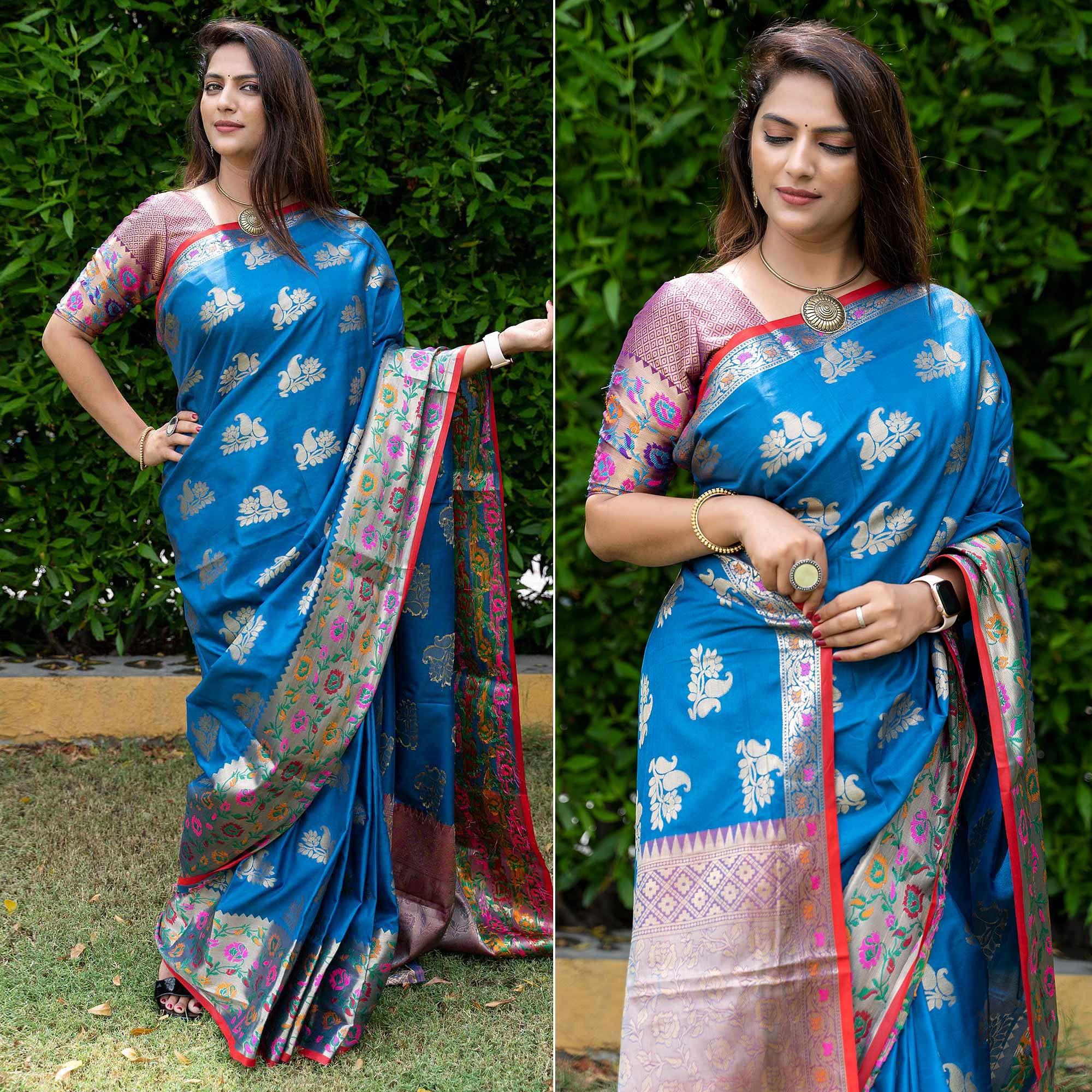 Blue Woven Art Silk Saree - Peachmode