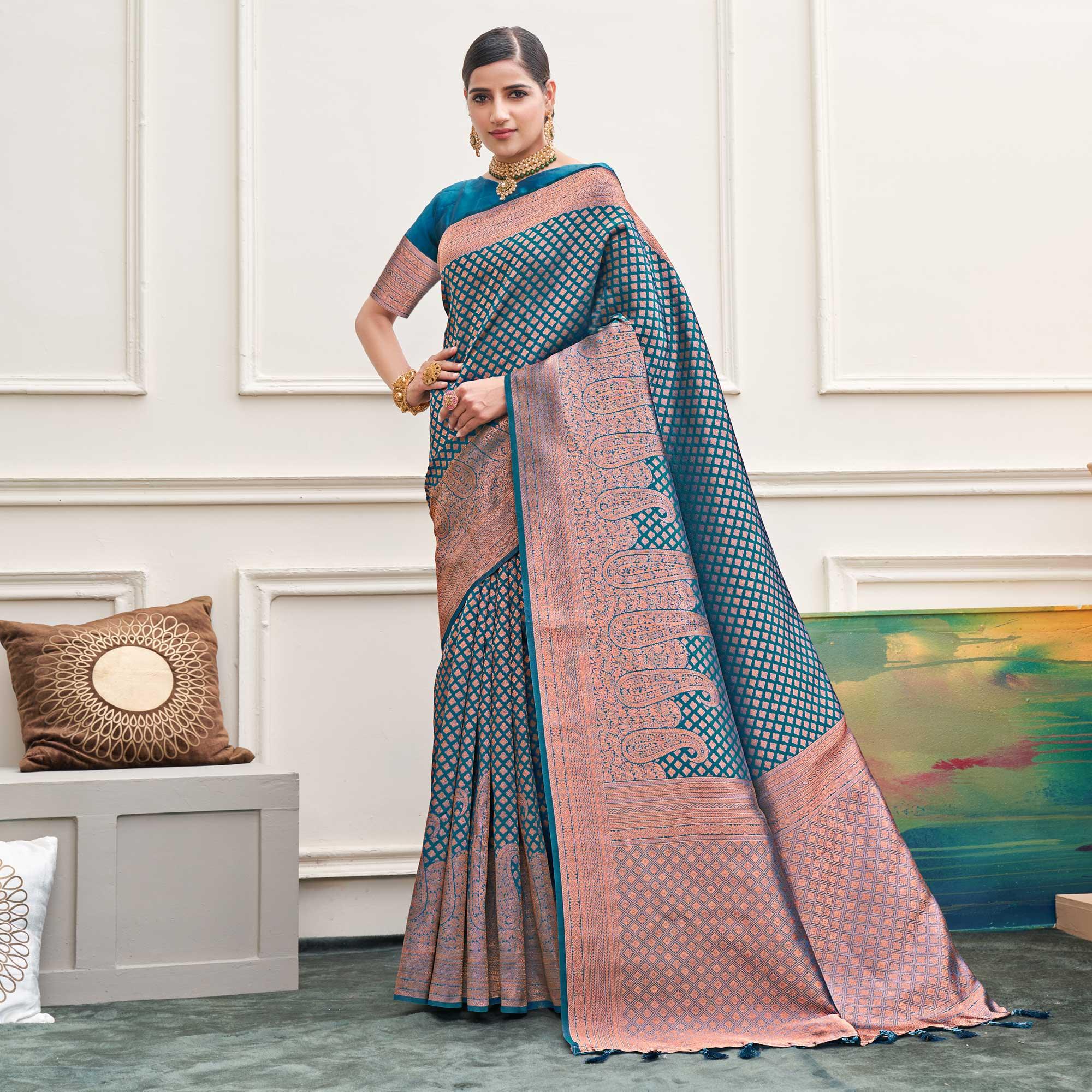 Blue Woven Art Silk Saree - Peachmode