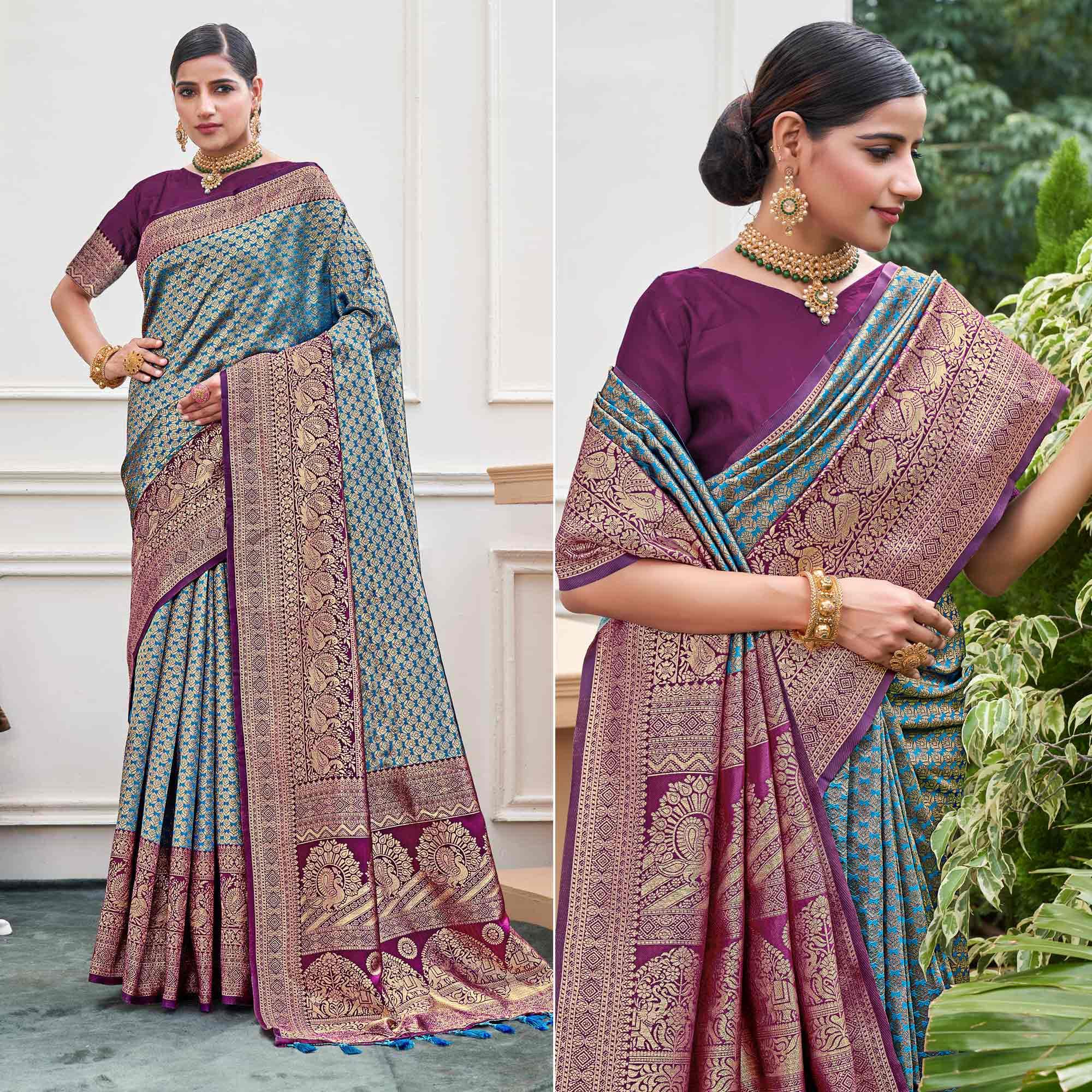 Blue Woven Art Silk Saree - Peachmode