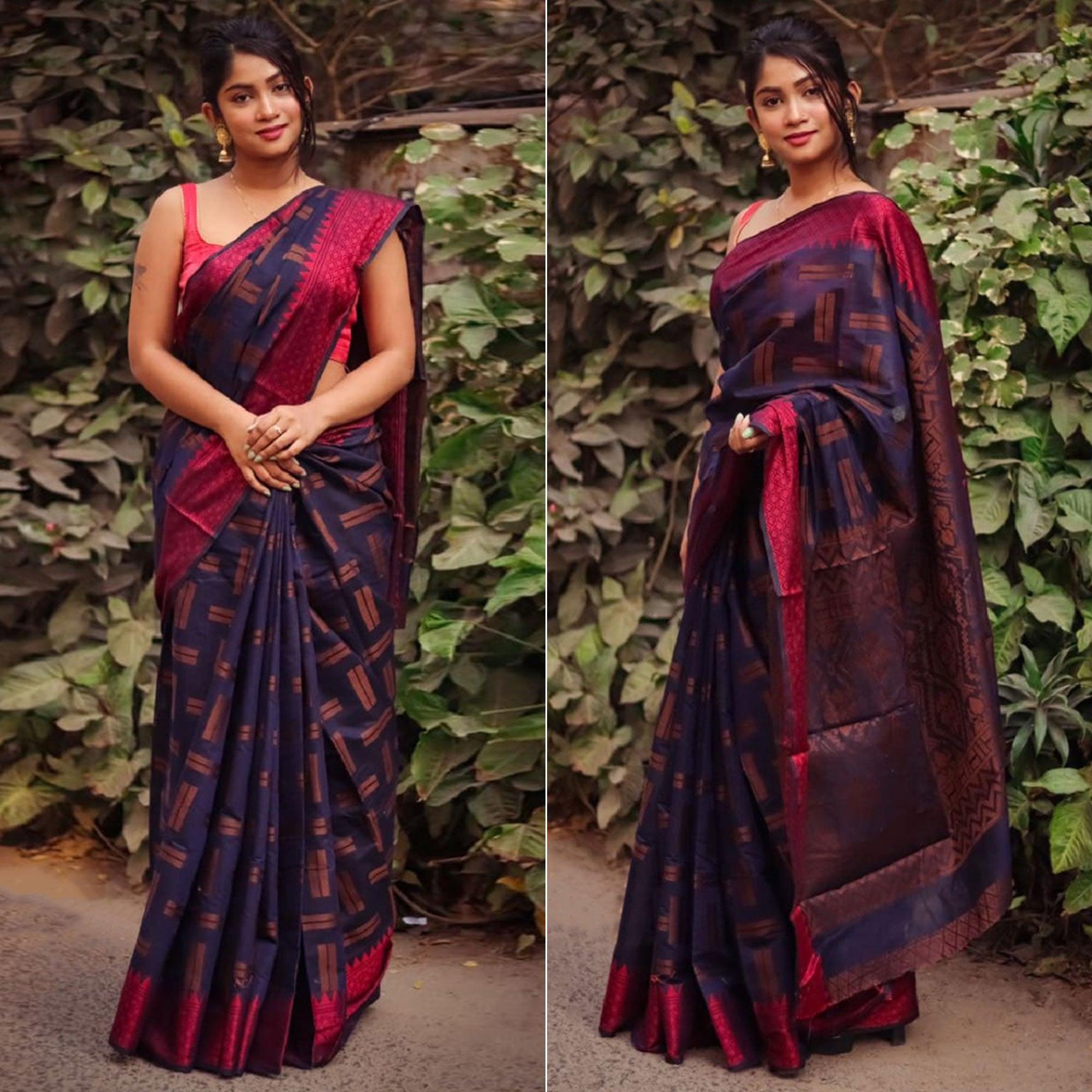 Blue Woven Art Silk Saree - Peachmode