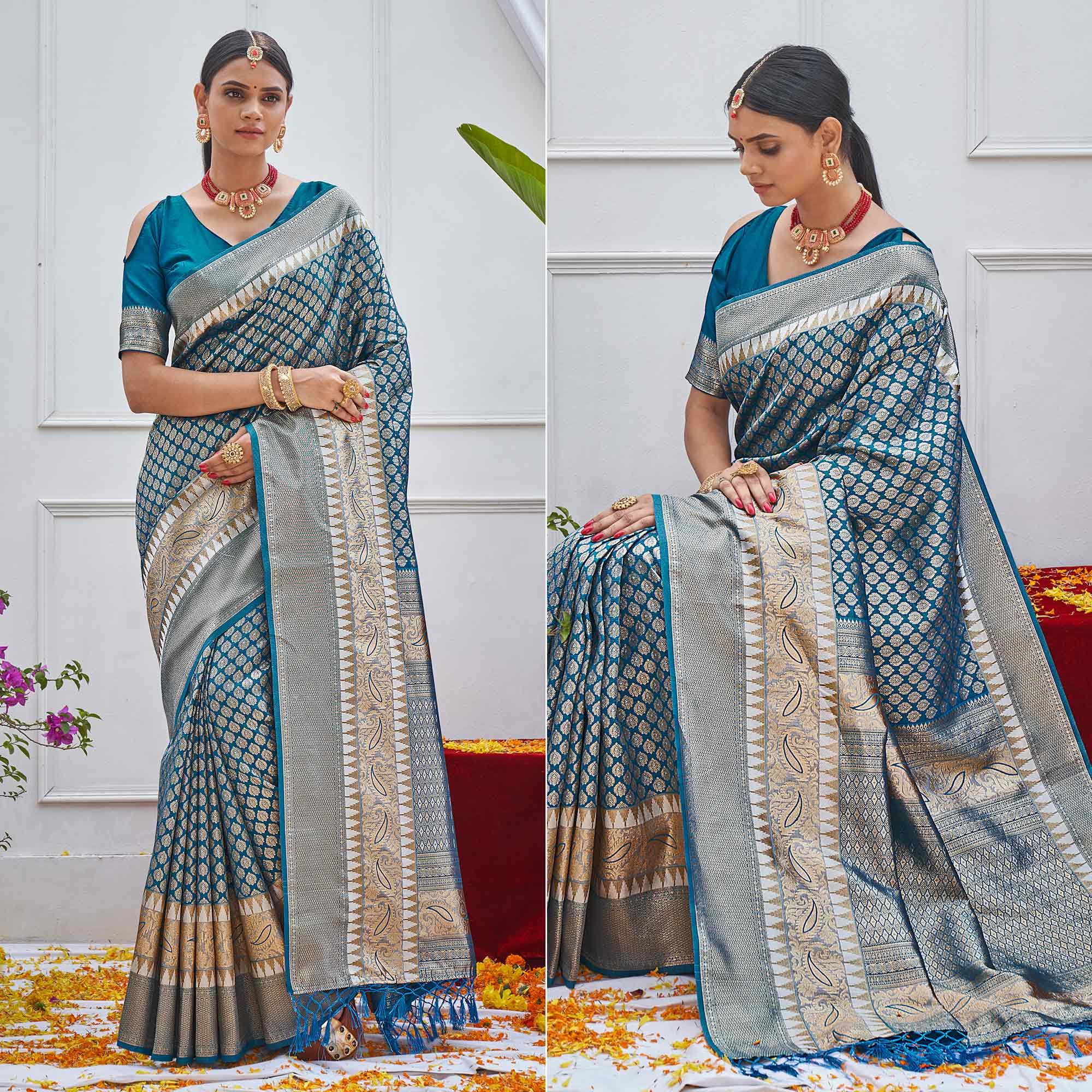 Blue Woven Art Silk Saree - Peachmode