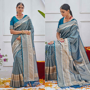 Blue Woven Art Silk Saree - Peachmode