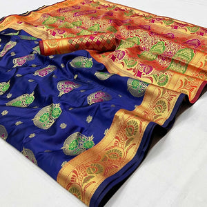 Blue Woven Art Silk Saree - Peachmode
