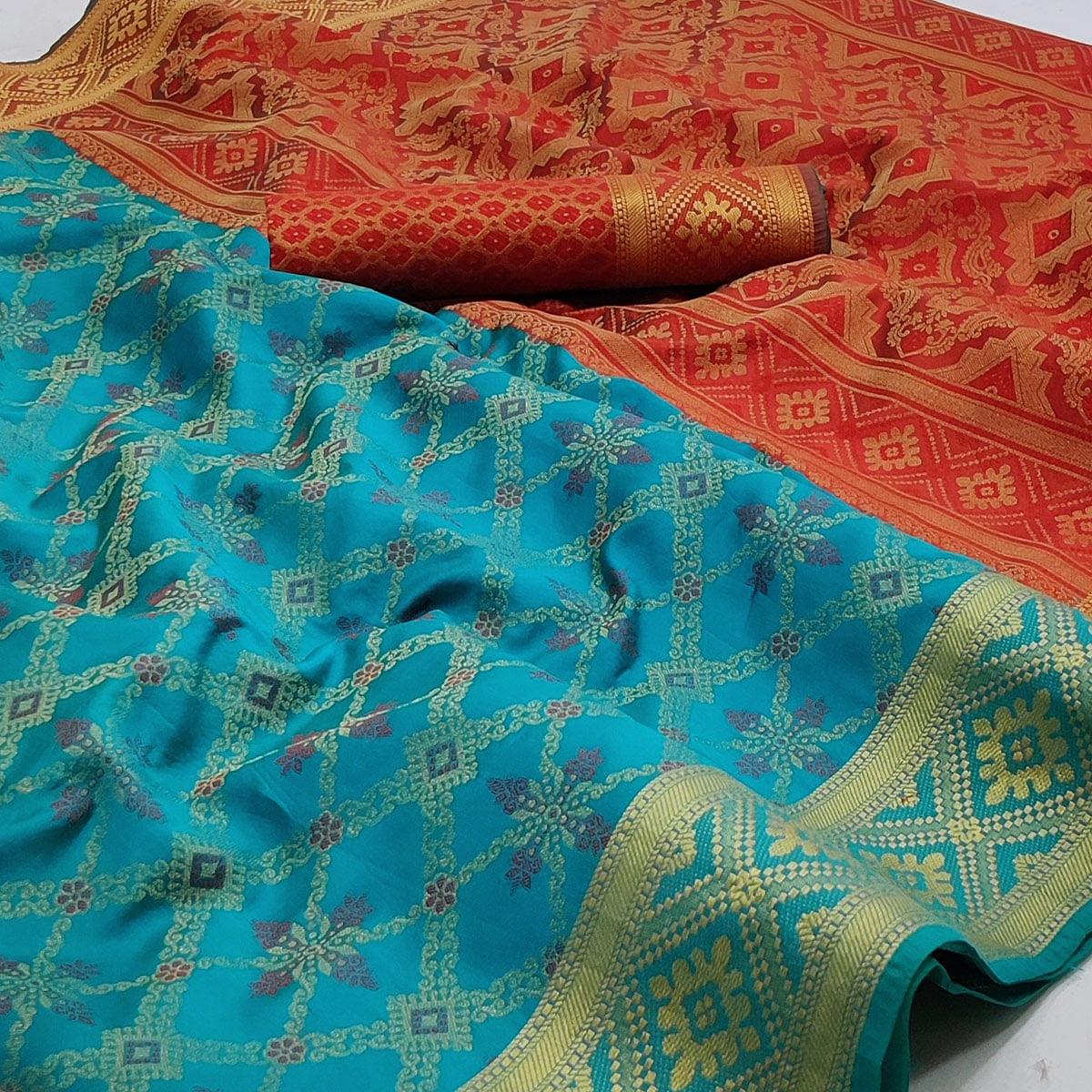 Blue Woven Art Silk Saree - Peachmode