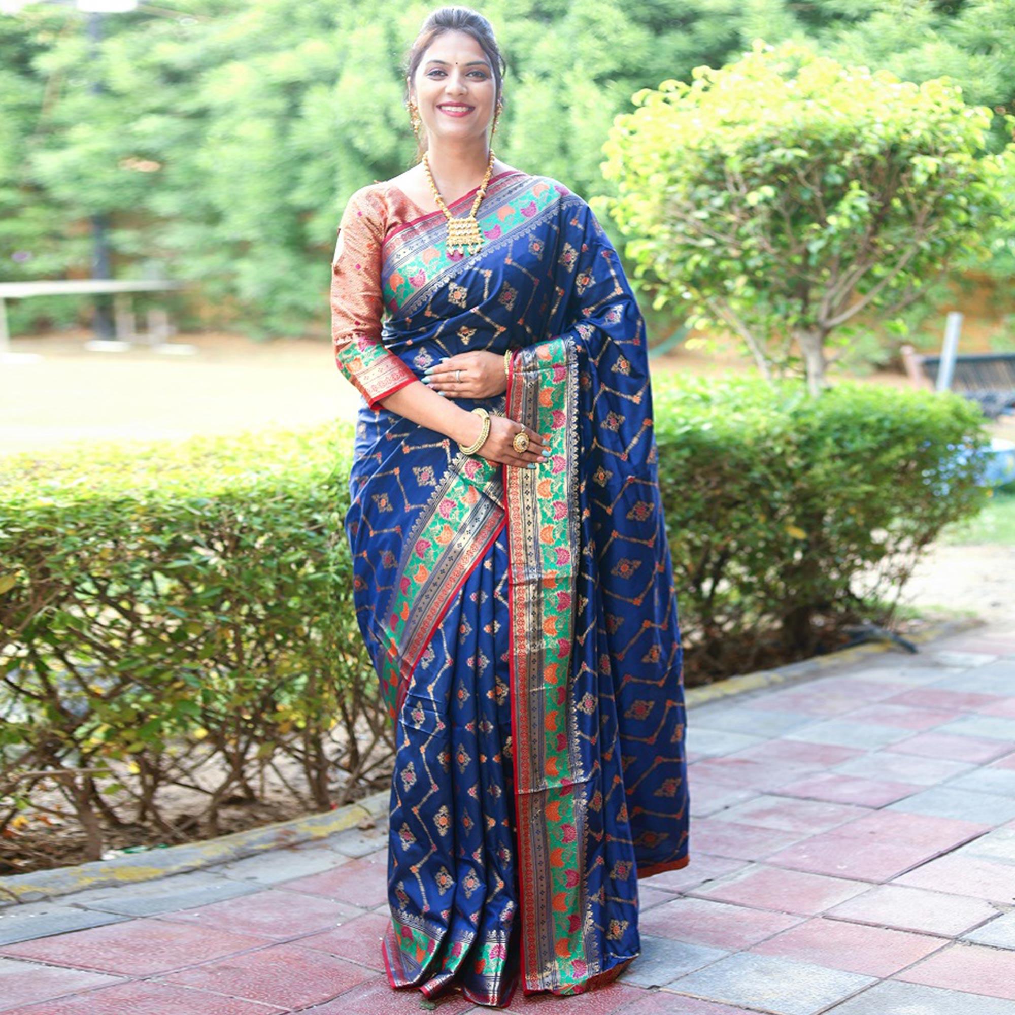 Blue Woven Art Silk Saree - Peachmode