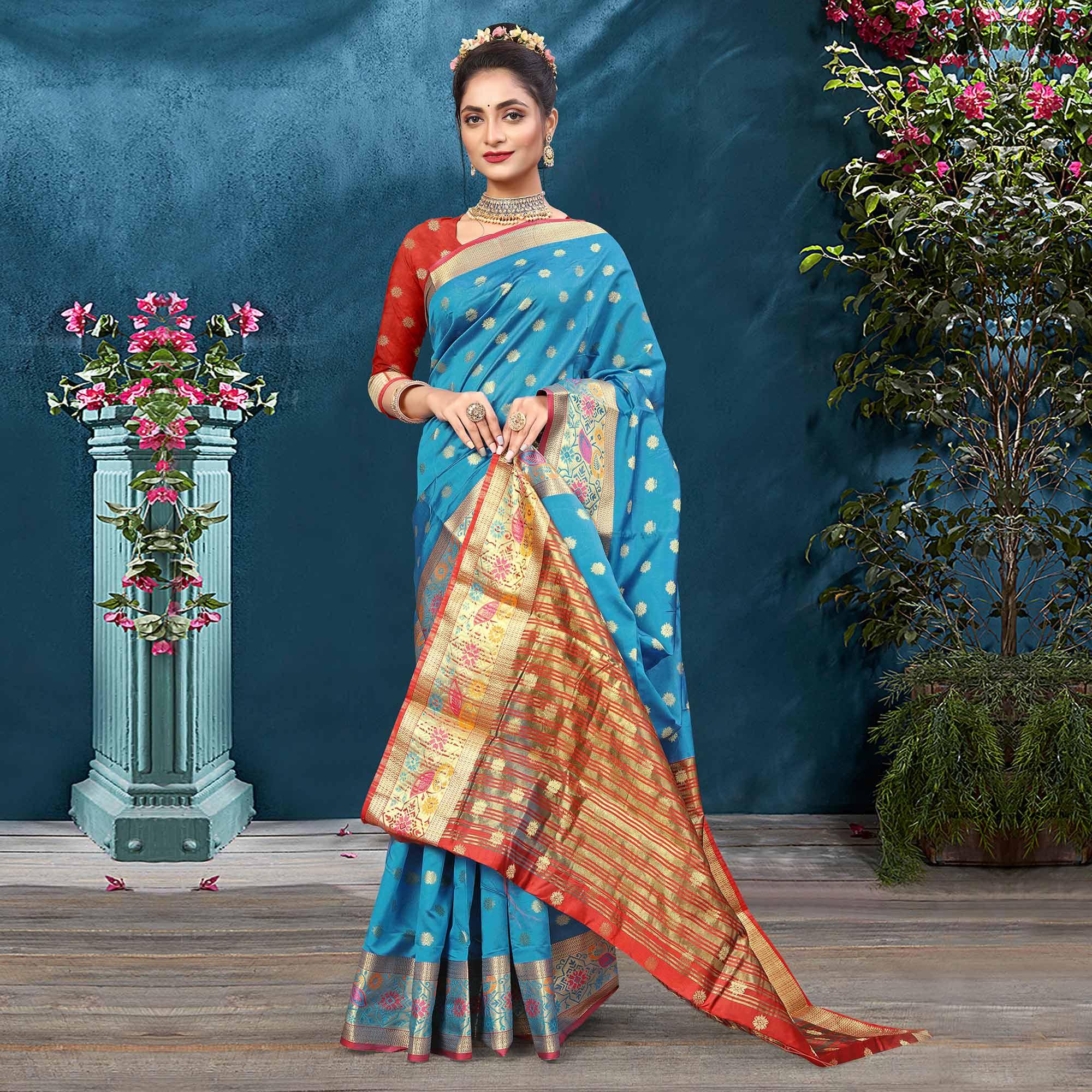 Blue Woven Art Silk Saree - Peachmode