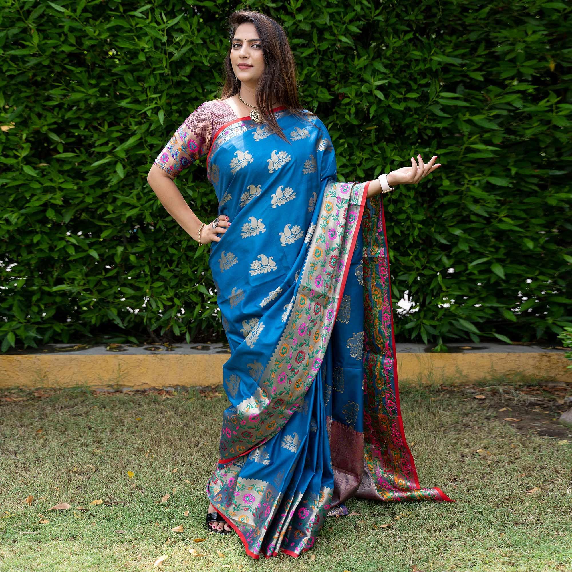 Blue Woven Art Silk Saree - Peachmode