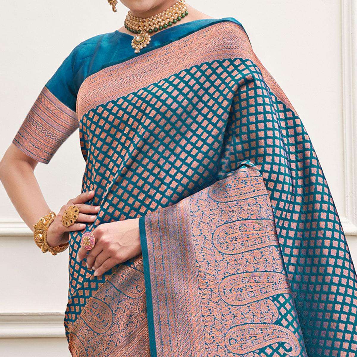 Blue Woven Art Silk Saree - Peachmode
