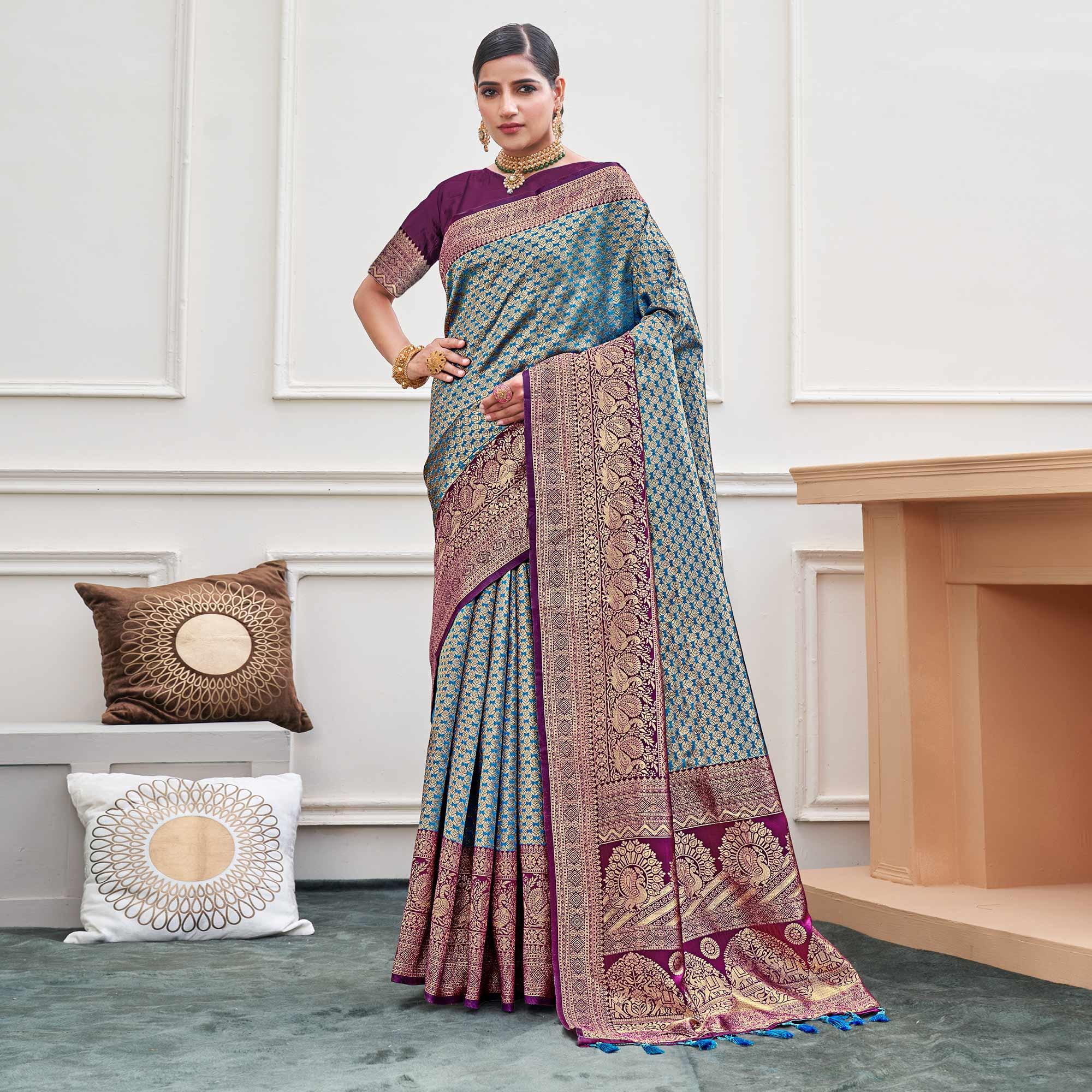 Blue Woven Art Silk Saree - Peachmode