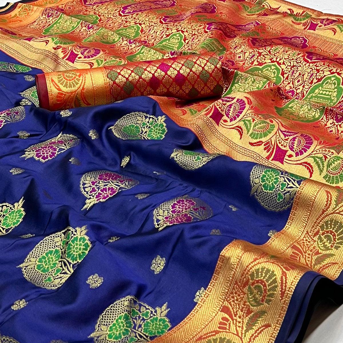 Blue Woven Art Silk Saree - Peachmode