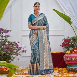 Blue Woven Art Silk Saree - Peachmode