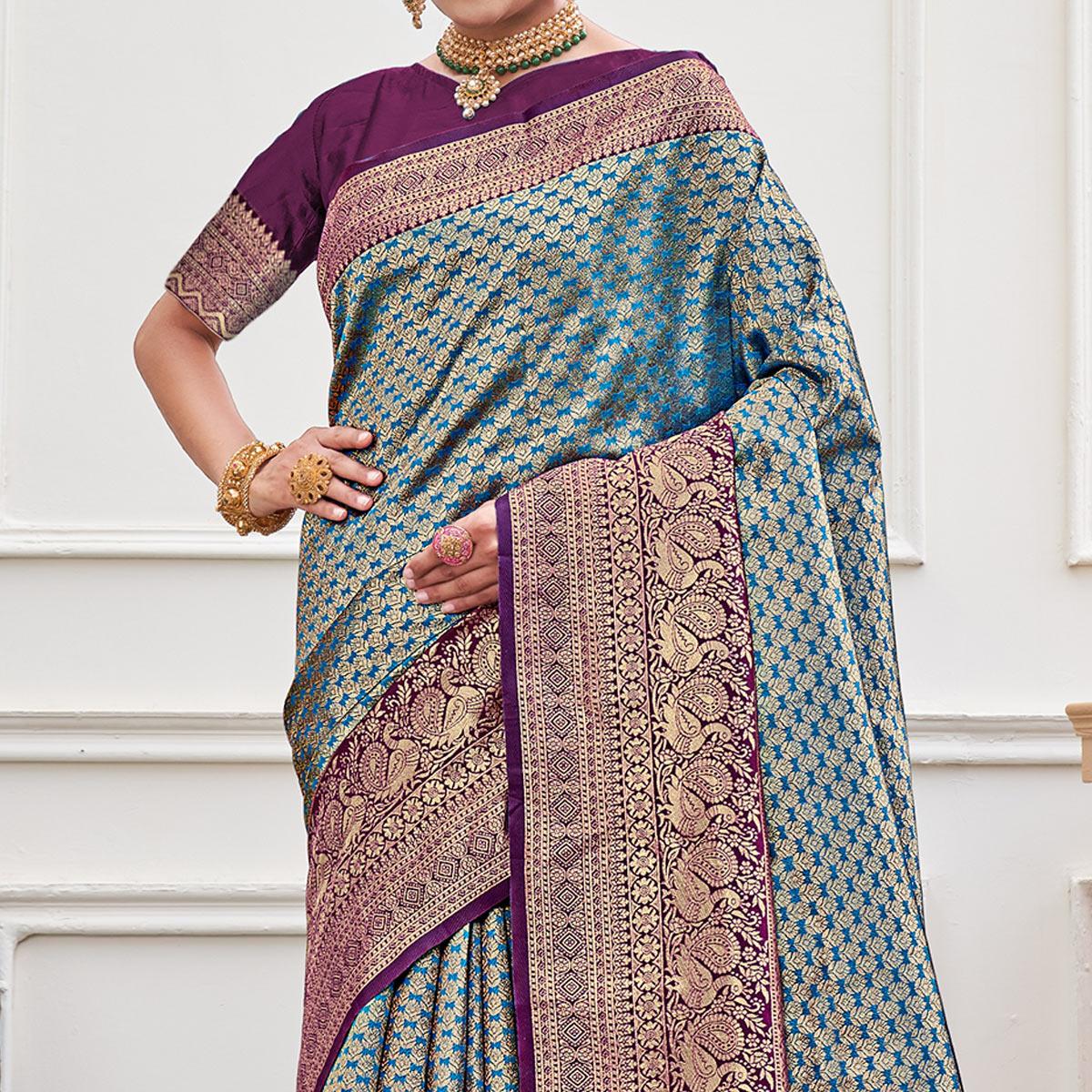 Blue Woven Art Silk Saree - Peachmode