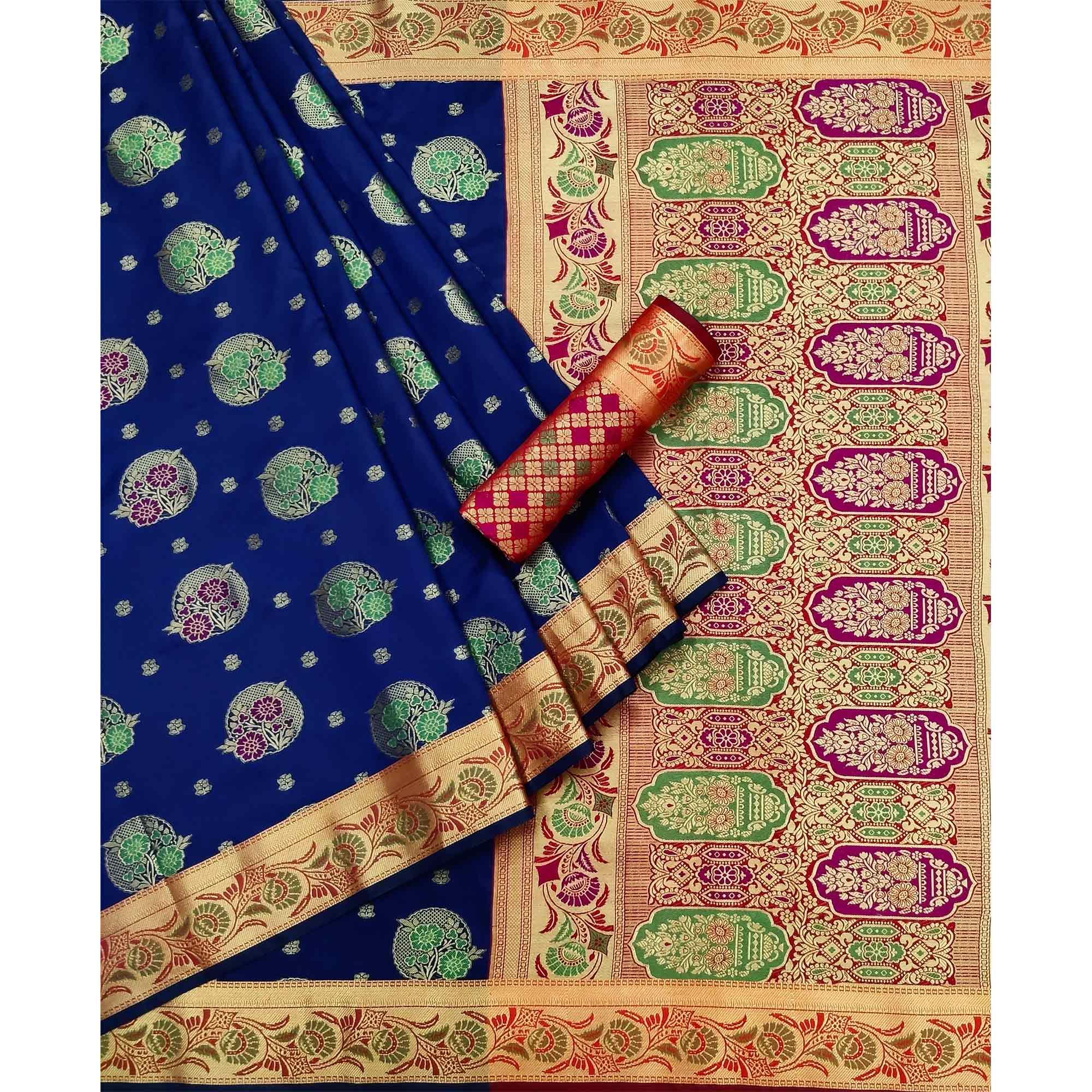 Blue Woven Art Silk Saree - Peachmode