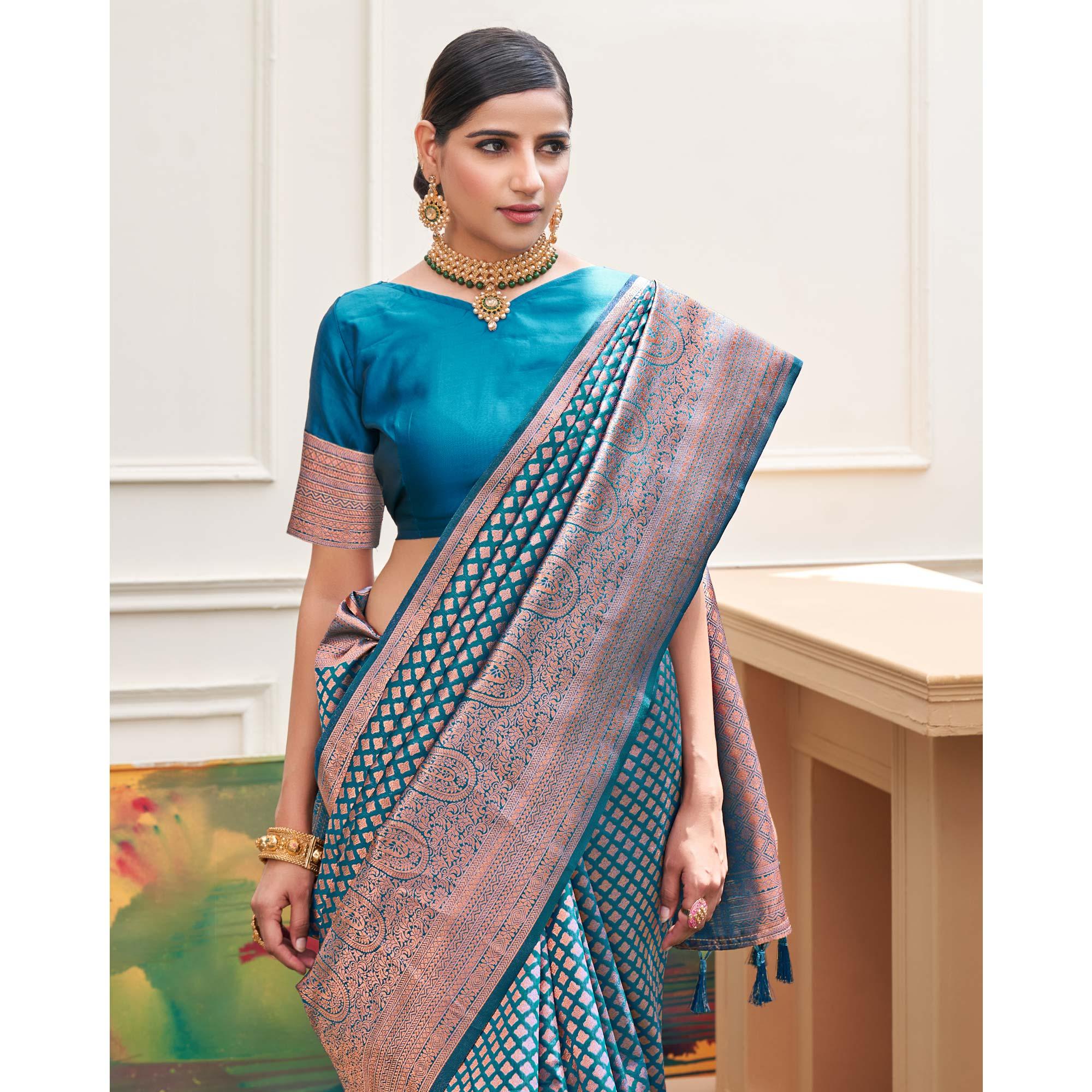 Blue Woven Art Silk Saree - Peachmode