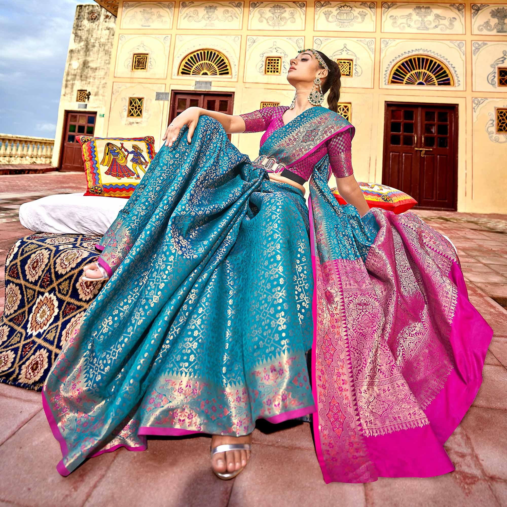 Blue Woven Art Silk Saree - Peachmode